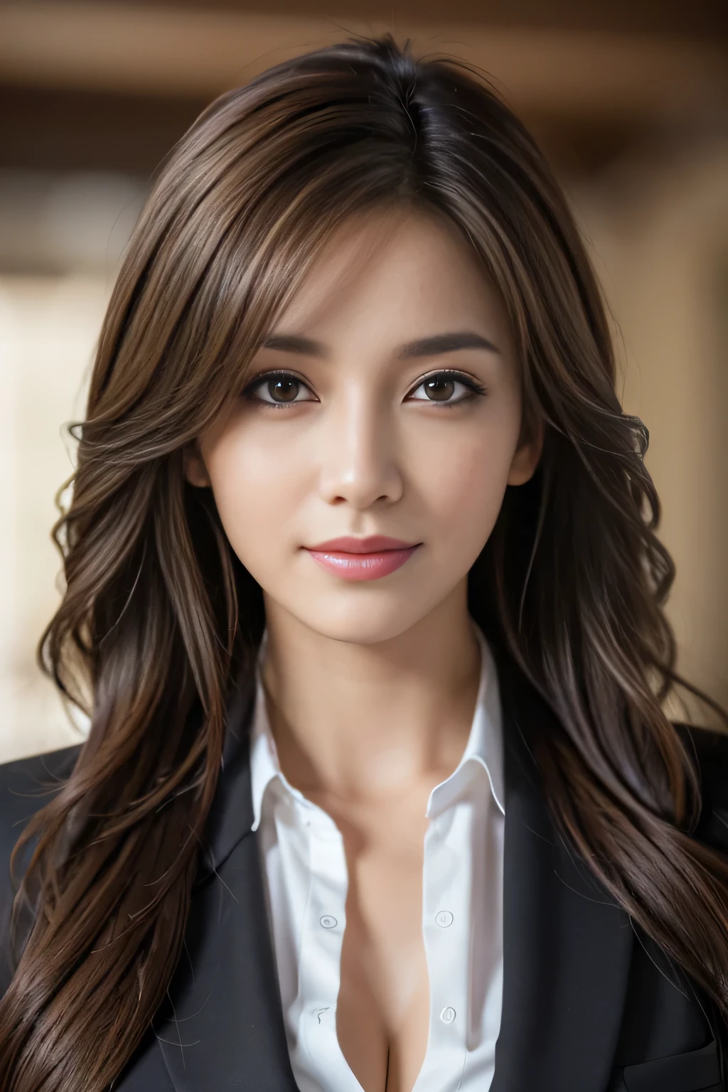 table top, highest quality, realistic, Super detailed, finely, High resolution, 8k wallpaper, 1 beautiful woman,, light brown messy hair, wearing a business suit, sharp focus, perfect dynamic composition, beautiful and detailed eyes, thin hair, Detailed realistic skin texture, smile, close-up portrait, model body shape