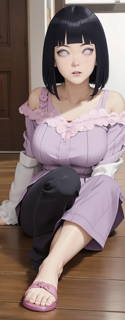 (depicting a single moment from a anime for adults), (hand-drawn), (various patterned feminine casual dress), ((round face, eyes with realistic sizing, drooping eyes, blush, sweat, shame smile, thin lips, spread her legs)), (((standing to hit her crotch the corner of the table, orgasm))), open mouth,