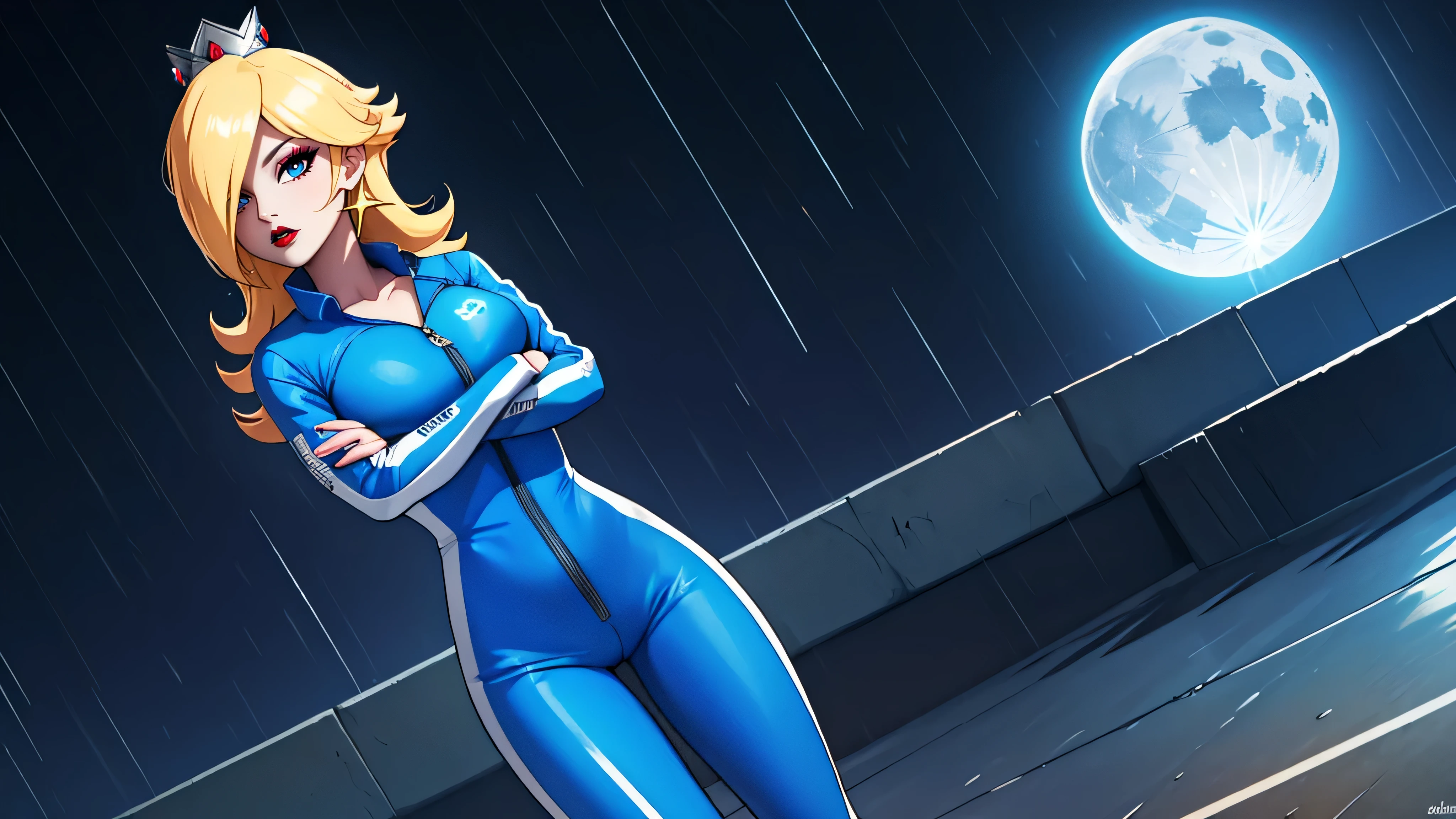 ((high detailed, best quality, 4k, masterpiece, hd:1.3)), BREAK rainy night, moonlight, landscape, it's raining, raining, a full-length shot of Rosalina standing posing under the rain, BREAK neon blue eyes, seductive, attractive, sexy smile, smiling, smooth anime cg art, 36C breasts, (long fitness legs), vivid colors, detailed digital art, slim body, perfect skin, wet blonde hair, wet long hair, wet hair, BREAK crown, BREAK looking at viewer, extremely detailed face, (blue jumpsuit), (Jumpsuit:1.5), (blue racing suit), (racing suit:1.5), (blue high heels), full wet body, wet body, earrings, gem, dark gothic eyeshadows, dark eyeshadows, black eyeshadows, black_sexy_lips, black lips, dark lips, gothic painted lips, dark_red_lips, very dark lips, red_painted_lips, (very thin lips), thin lips, detailed lips, (dark:1.2), (perfect hands, perfect anatomy), black makeup, detailed fingers, five fingers per hand, 5 fingers, (1 girl), (solo:1.3), (crossed arms:1.3),