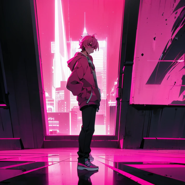 (shortcut), (two block hair), (bright pink hair), (male character), (red eyes), (cool pose), (top quality), (masterpiece), (Super detailed), (oversized hoodie), (Street style), (neon), (modern city), (neonデイライト), (cinematic), (stylish), (High resolution), (hyper-detailed), (soft town), (Nightcore), (a handsome guy), (he is wearing headphones), (natural appearance of the building), (casual), (IGスタジオanime style), (standing pose), (Shooting from a low angle), (anime style),