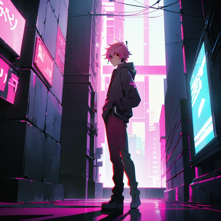 (shortcut), (two block hair), (bright pink hair), (male character), (red eyes), (cool pose), (top quality), (masterpiece), (Super detailed), (oversized hoodie), (Street style), (neon), (modern city), (neonデイライト), (cinematic), (stylish), (High resolution), (hyper-detailed), (soft town), (Nightcore), (a handsome guy), (he is wearing headphones), (natural appearance of the building), (casual), (IGスタジオanime style), (standing pose), (Shooting from a low angle),  (anime style), 