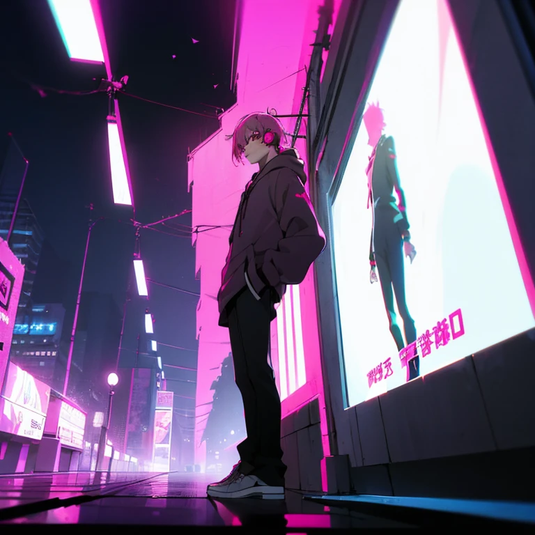 (shortcut), (two block hair), (bright pink hair), (male character), (red eyes), (cool pose), (top quality), (masterpiece), (Super detailed), (oversized hoodie), (Street style), (neon), (modern city), (neonデイライト), (cinematic), (stylish), (High resolution), (hyper-detailed), (soft town), (Nightcore), (a handsome guy), (he is wearing headphones), (natural appearance of the building), (casual), (IGスタジオanime style), (standing pose), (Shooting from a low angle),  (anime style), 