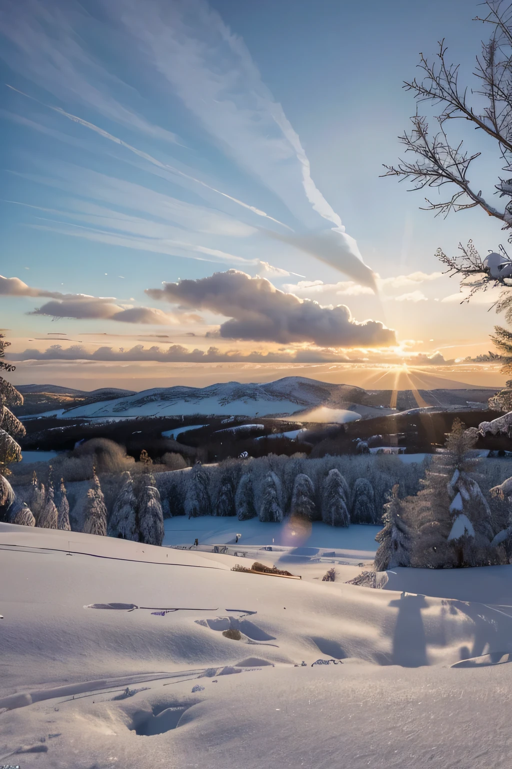 (melhor qualidade,4k,8k,high resolution,obra de arte:1.2),ultra-detalhado,realista,beautiful sunset with snow and clouds,flocos de neve macios caindo lentamente,vento gelado soprando,serene and peaceful atmosphere,crimson and purple hues filling the sky,cores semelhantes a pintura,montanhas distantes cobertas de neve,snow-covered trees creating a magical setting,flocos de neve brilhantes refletindo a luz solar,Maravilhas do inverno,deep feeling of tranquility and calm,faint traces of sunlight breaking through the clouds,a wide view captured from a wide-angle lens,sombras sutis projetadas pelo sol poente, tom geral frio criando um clima sereno e relaxante,snowflakes gently landing on the ground,criando uma camada de neve fresca,fluffy clouds moving gracefully across the sky,raios dourados de luz solar iluminando a paisagem nevada, criando um contraste quente,telhados cobertos de neve pontilhando o horizonte, adicionando um toque de aconchego,silhouettes of birds flying home in the distance,strong winter breeze giving a feeling of liveliness,flocos de neve brilhando na luz do entardecer, Like he's dancing in the air.