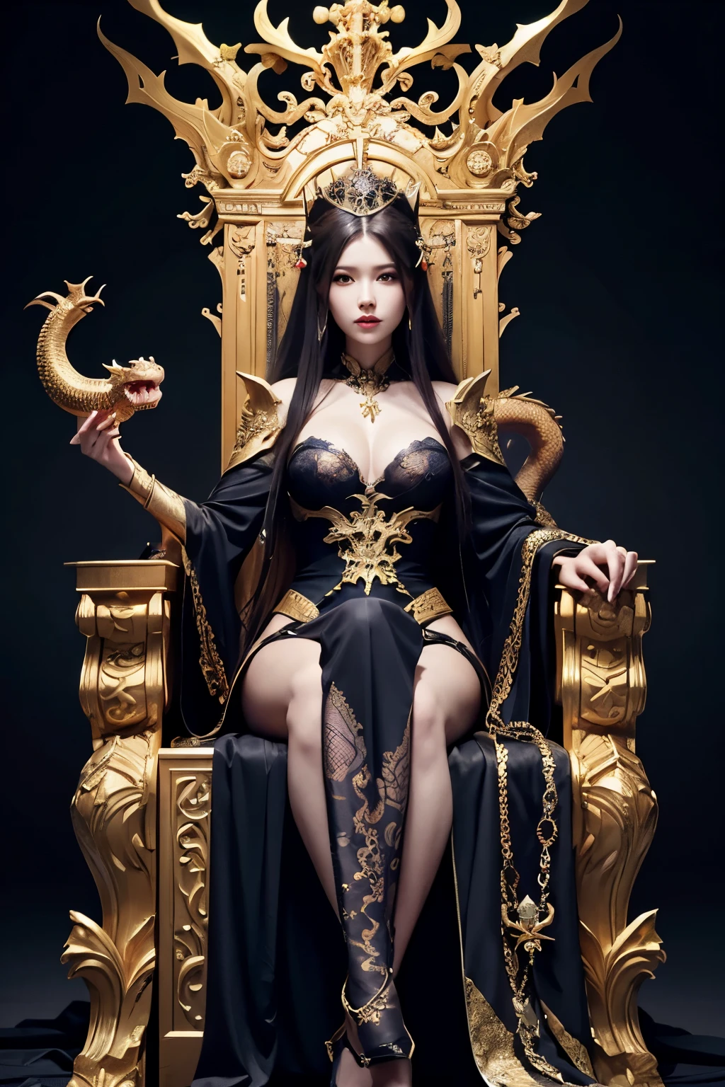 A woman sitting on a throne holding a dragon and a cross, concept art by Yang J, Artstation Contest Winner, fantasy art, dark snake queen, on her throne, beautiful elegant demon queen, snake queen, queen of the underworld, queen of hell, sitting on her throne, beautiful fantasy empress, dragon queen, sitting in a gilded throne