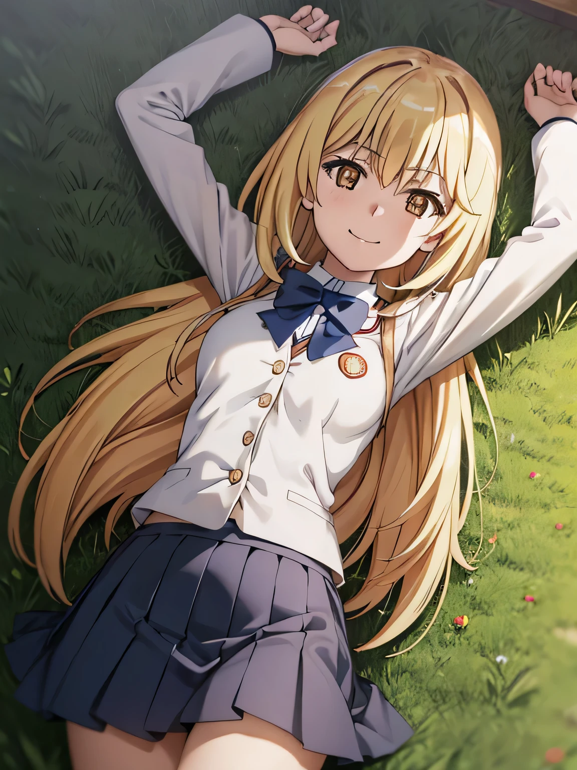 (((pixel-perfect, detail-perfect))), solo, 1girl, misaki shokuhou, tokiwadai school uniform, bow, white elbow gloves, looking at viewer, closed_mouth, spread arms, arms up, cowboy shot, smile, on back, on grass, 