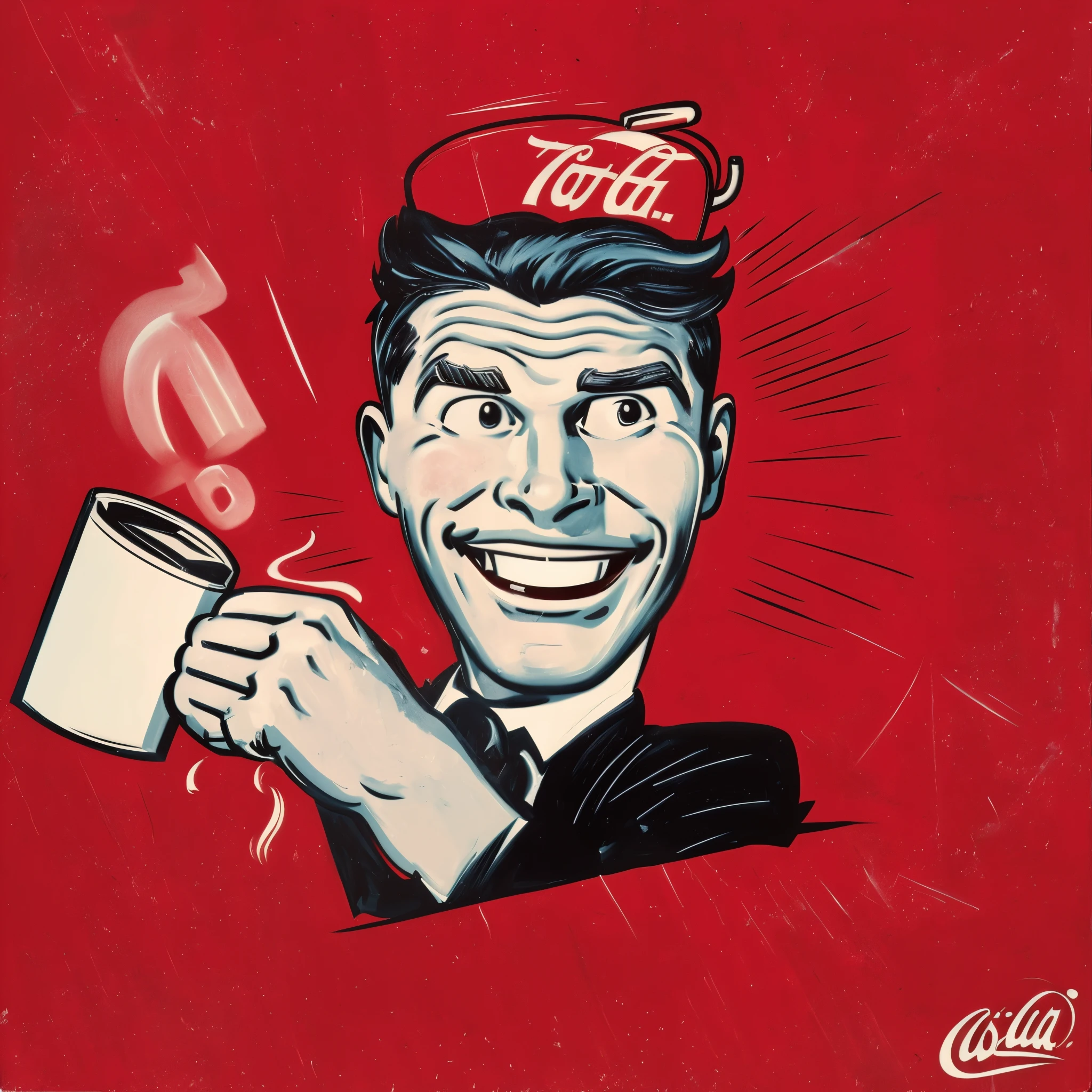 painting of a man holding a cup of coffee with a smile on his face, portrait of morning coffee, h3h3, drinking a coffee, on a red background, drinking coffee, drinking a cup of coffee, drink more coffee, cartoonish and simplistic retro vintage anuncios antigos