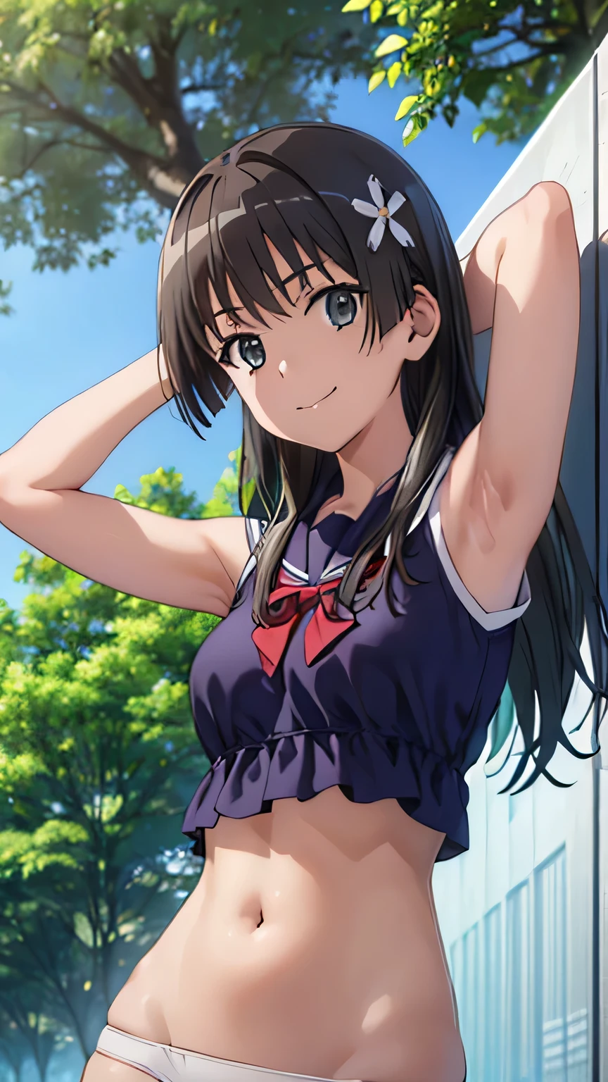 (((pixel-perfect, detail-perfect))), solo, 1girl, saten ruiko, sakugawa school uniform, looking at viewer, closed_mouth, night sky, forest, arms behind head, spread armpits, midriff, contrapposto, cowboy shot, smile,