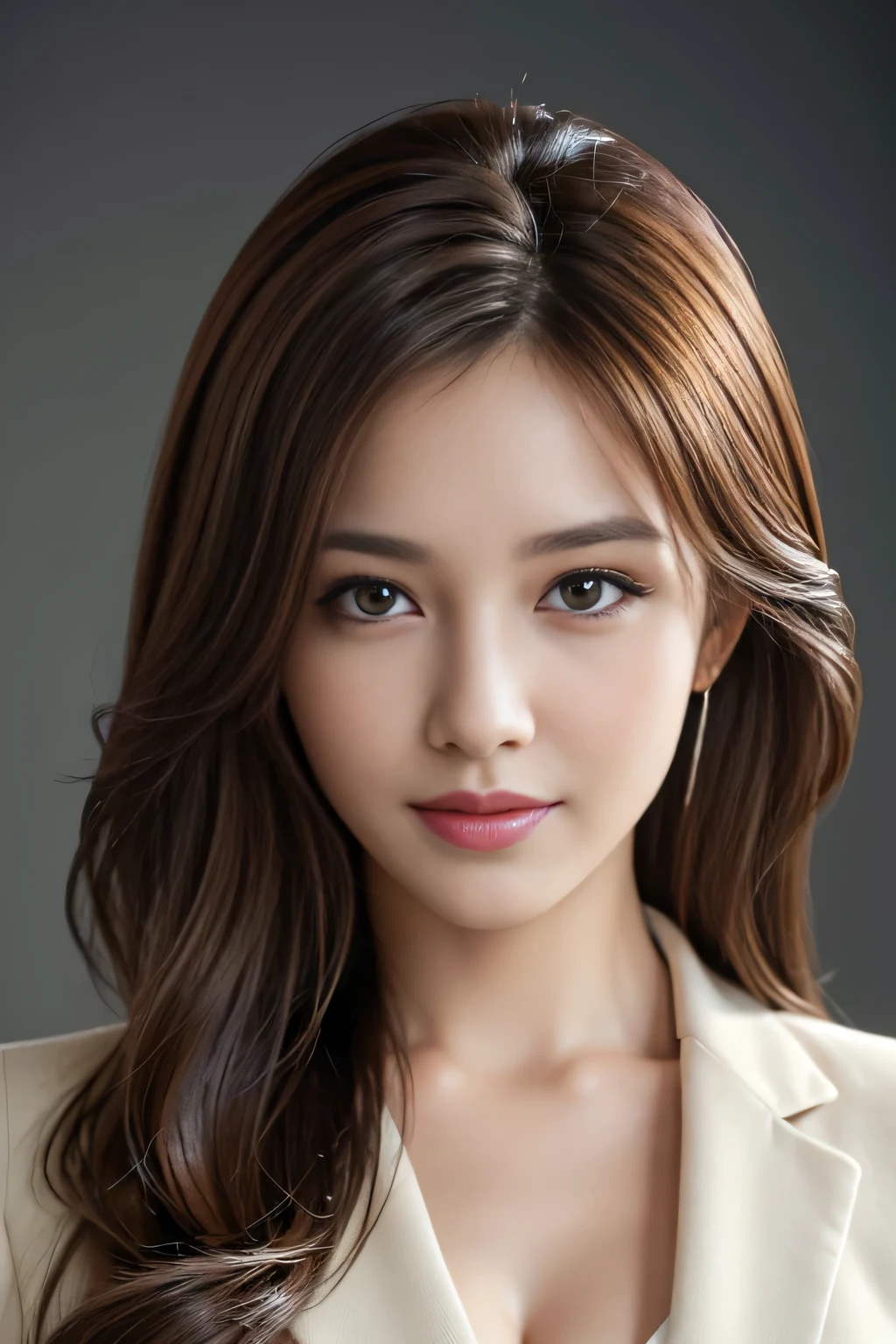 table top, highest quality, realistic, Super detailed, finely, High resolution, 8k wallpaper, 1 beautiful woman,, light brown messy hair, wearing a business suit, sharp focus, perfect dynamic composition, beautiful and detailed eyes, thin hair, Detailed realistic skin texture, smile, close-up portrait, model body shape