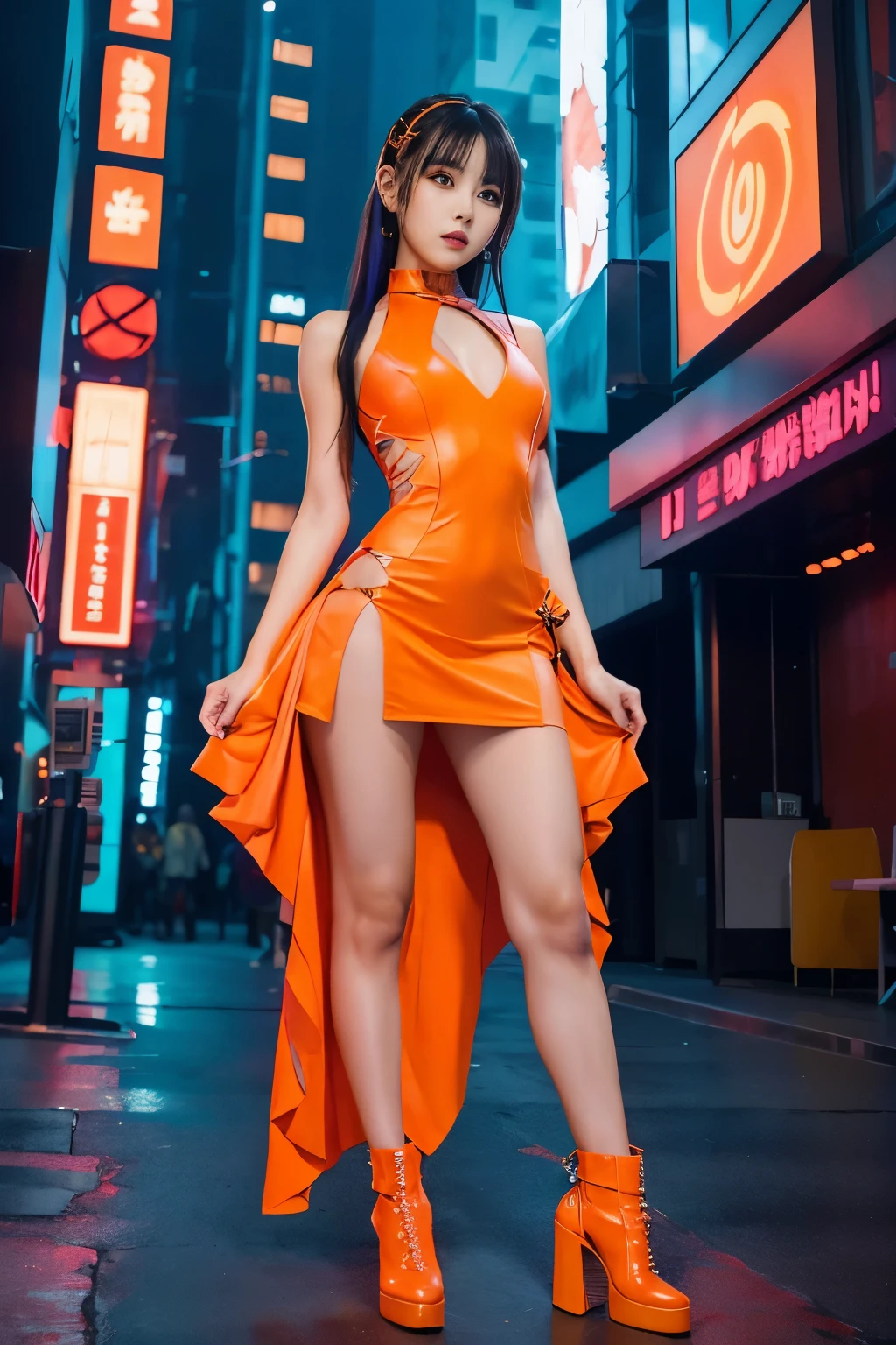 Cyberpunk idol full of flames、Full body Esbian、Flame-filled cyberpunk tight mini dress(orange)、サイバーなorangeフレアルーム、
