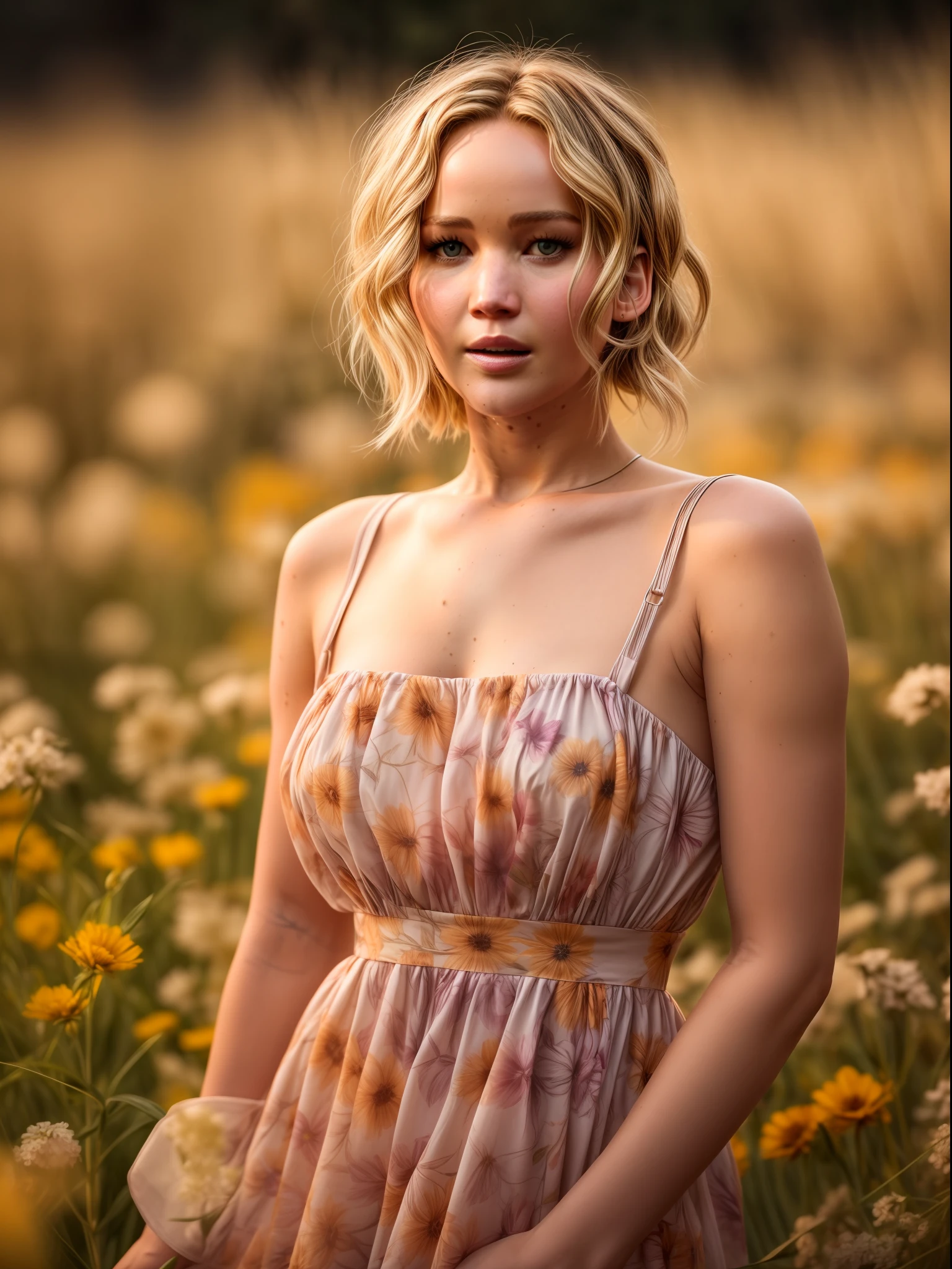 (Jennifer Lawrence) posing in a flower field in a beautiful flower field wearing a cute flowery sun dress with one of the straps sliding down her shoulder, 85mm 1.4, portrait photography, studio light, studio shoot, soft light, backlit, micro-details, photorealism, photorealistic