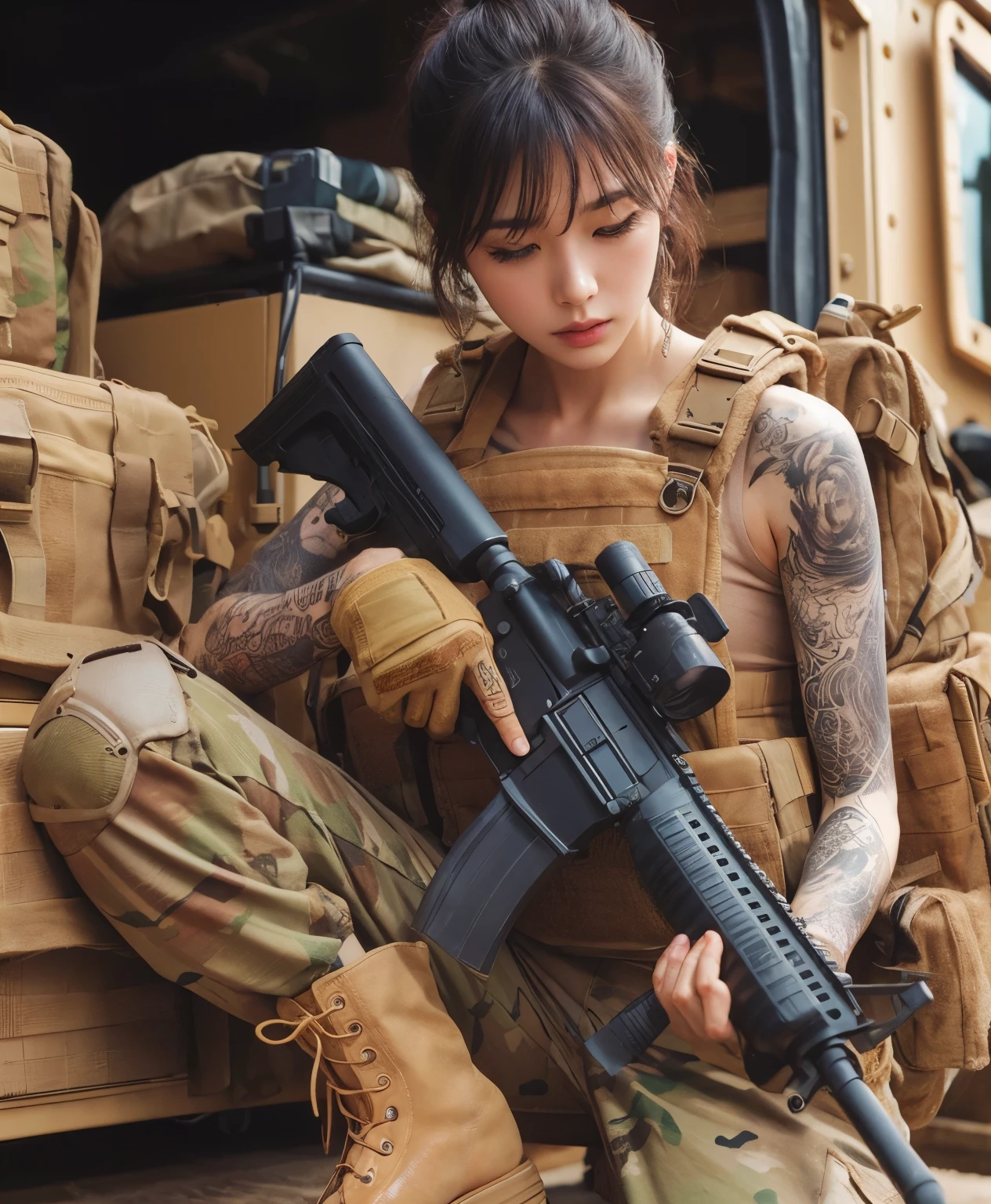 nsfw,(Highest quality:1.2),32k HDR,High resolution,Japanese women in the U.S. military,Holding an automatic rifle,have a tense look on one's face,Bulletproof vest,Backpack,Japanese women,A detailed depiction of the Hulk wielding an automatic rifle in a post-apocalyptic world,Check out the realistic skin texture of the Hulk,Capture every subtle detail,The scene should be gritty.,Debris and impurities scattered around,Dimly lit basement,ruins,Inside the room,Contrasting with the desolate background,Images must be of the highest quality,High resolutionとフォトリアリスティックなレンダリング.((first round)),((Torn clothes)),((Detained)),((rope,rope,Lock)),((Nipples)),((Nipplesを出す)),((Stick out your crotch)),