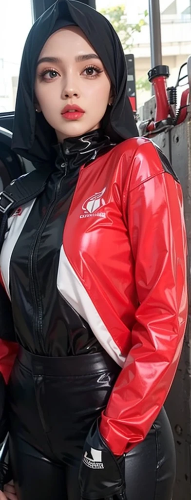 black hijab,red and white strap latex shirt,black pants