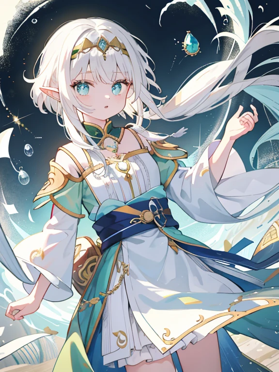 傑作、最高品質、最高の画質、1girl, elf, long hair, white hair, pointed ears, golden circlet, noble, high-fantasy, detailed embroidery, green bodice, gold accents, central gemstone, nature-themed, expressive eyes, wisdom, magic, soft blurred background, sharp contrast
