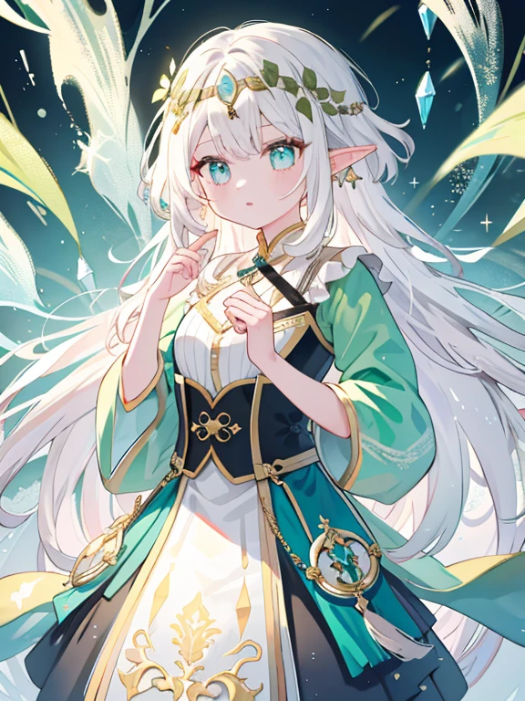 傑作、最高品質、最高の画質、1girl, elf, long hair, white hair, pointed ears, golden circlet, noble, high-fantasy, detailed embroidery, green bodice, gold accents, central gemstone, nature-themed, expressive eyes, wisdom, magic, soft blurred background, sharp contrast