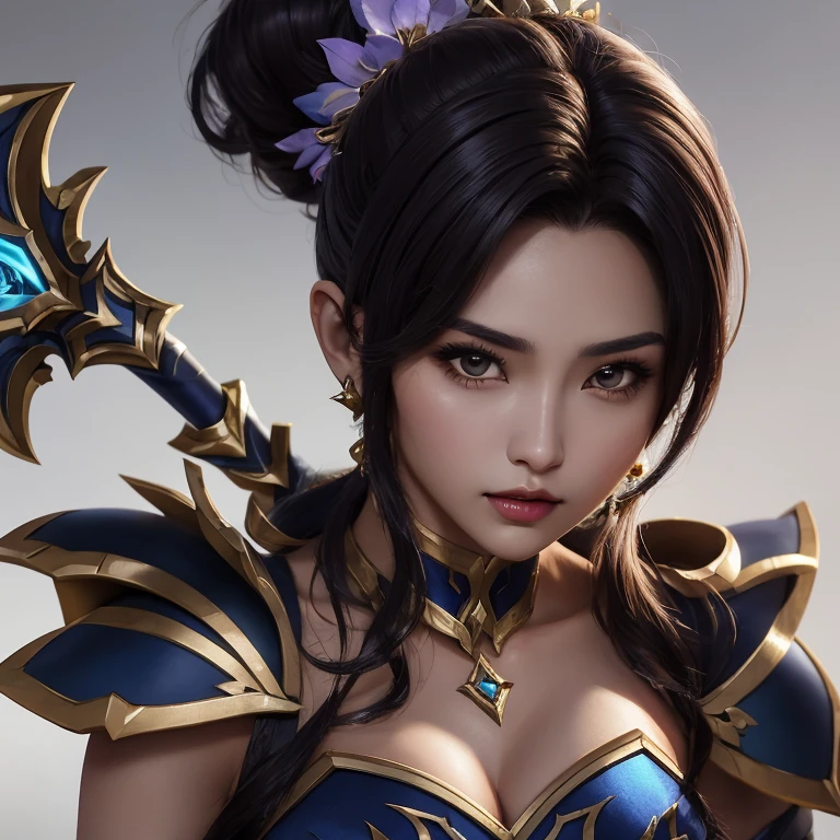 um close up de uma mulher com uma espada em um jogo,  Arte de mobile legends inicial, Karina mobile legends, arte inicial, azar arcano, Karina de mobile legends, Karina, elfa, cabelo azul, roupa roxa e escuro.