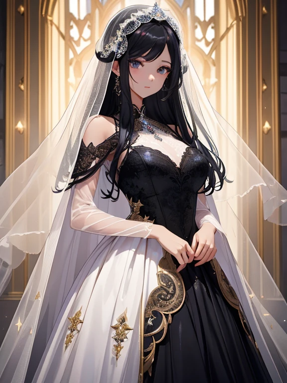 protagonist of the evening party、evening dress、The most beautiful in the universe、Highest definition texture、white skin、Glossy lips、beautiful black hair、Costumes with detailed patterns、Tulle Veil、Sparkling eyes、Nice face、