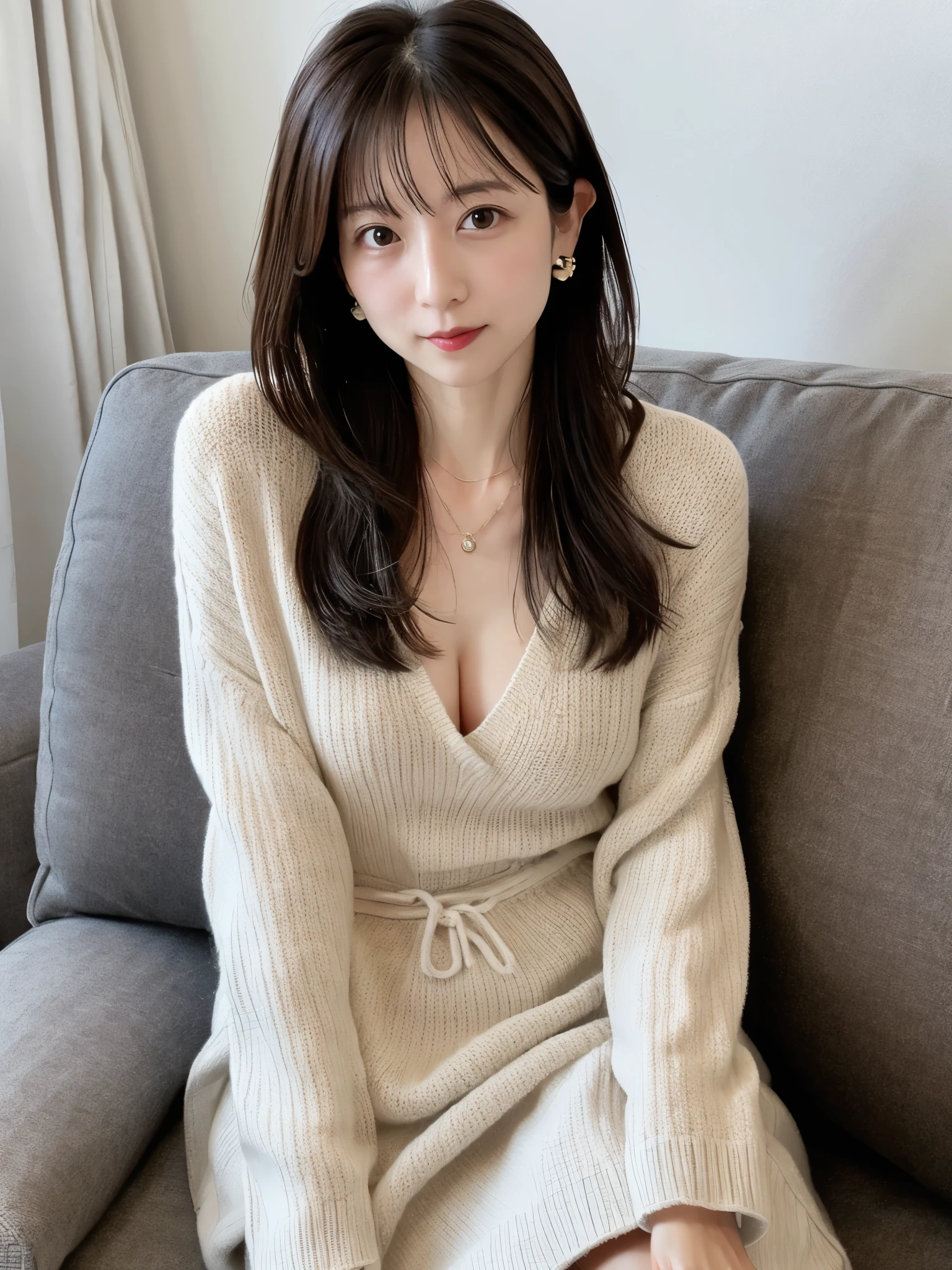 masterpiece, 16k, high resolution, highest reality, Skinny Japanese lady, 30 years old, small breasts, ((thin waist)), sit on the couch, ​knit dress, straight black hair, Look at viewers, full bodyesbian, detaild face, detailed eyes