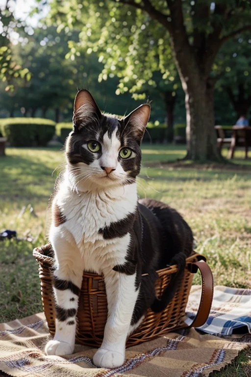 a realistic of a cat inside a picnic basket in park, cinematic style