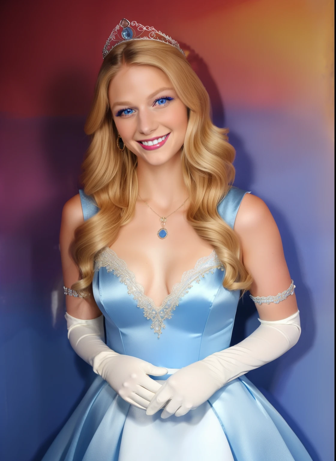  1girl, solo,melissa benoist, a woman with long blonde hair, smile, blonde hair, gloves, blue satin dress, jewelry, white satin gloves, long white satin elbow gloves, necklace, blue eyes, makeup, tiara, eyeshadow, sexy poses