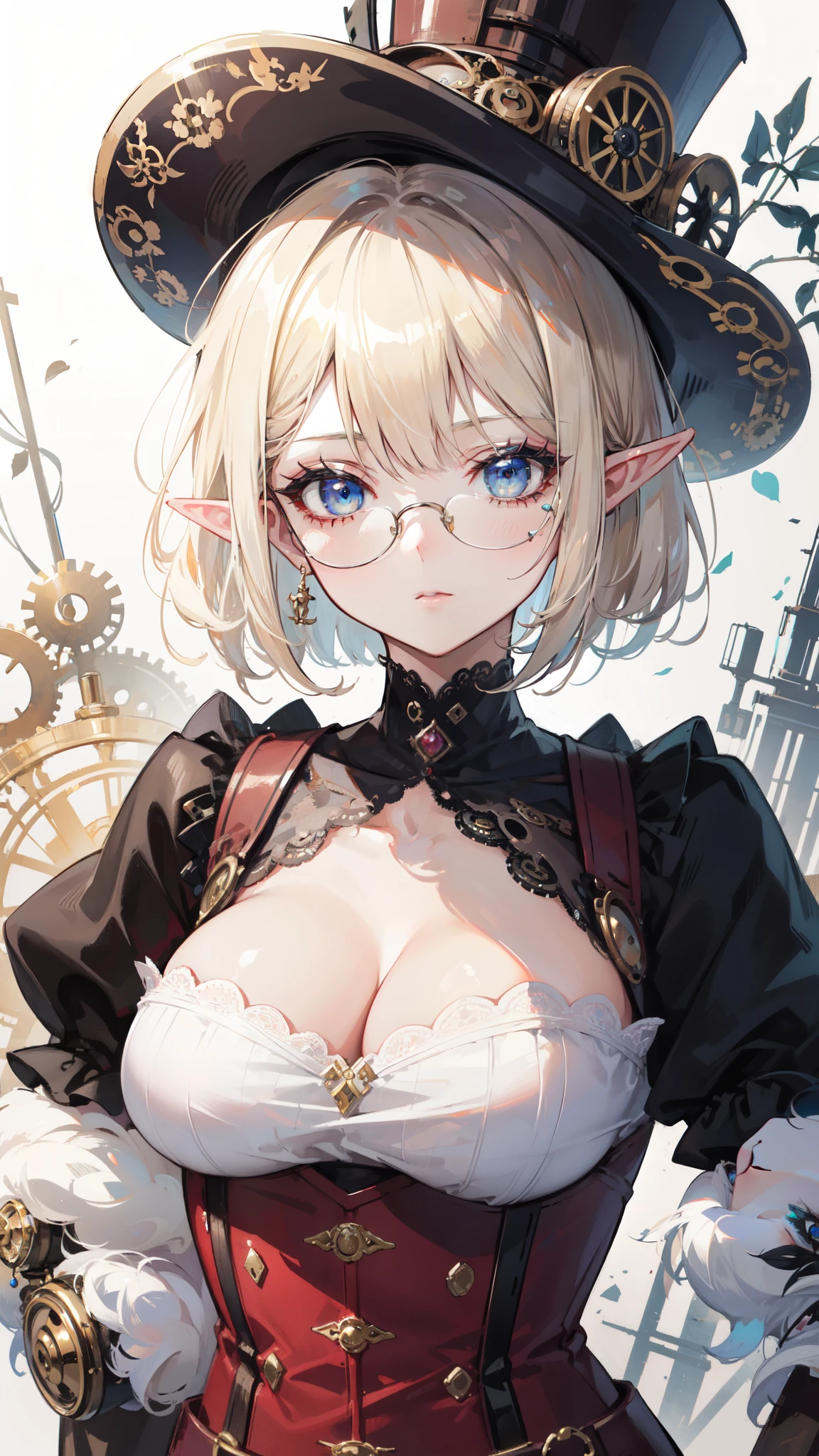 ((masterpiece )), (top quality), (best quality), ((ultra-detailed, 8k quality)), Aesthetics, Cinematic lighting, (detailed line art), Beautiful digital artwork, Exquisite digital illustration, absurdres, 
BREAK,
beauty of elf girl, lady in the hat and round steel gear, sunglasses, victorian clothes, deep_cleavage, shiny skin,(steampunk_costume), corset, Hat, ((steampunk)), cinematography, crafted, elegant, Hippie Glasses Retro Round Metal, walking, Dynamic angle,
BREAK,
highly detailed of (elf), (1girl), perfect face, details eye, Bob cut hair, Blunt bangs, (hair between eye), blonde white hair, blue eyes, eyelashes, eyeshadow, pink eyeshadow, light smile, design art by Artgerm, by Kawacy, By Yoshitaka Amano,
BREAK, 
((perfect ???????)), nice body, medium breast, extremely detailed finger, best hands, perfect face, beautiful face, beautiful eyes, perfect eyes, perfect fingers, correct ???????, 