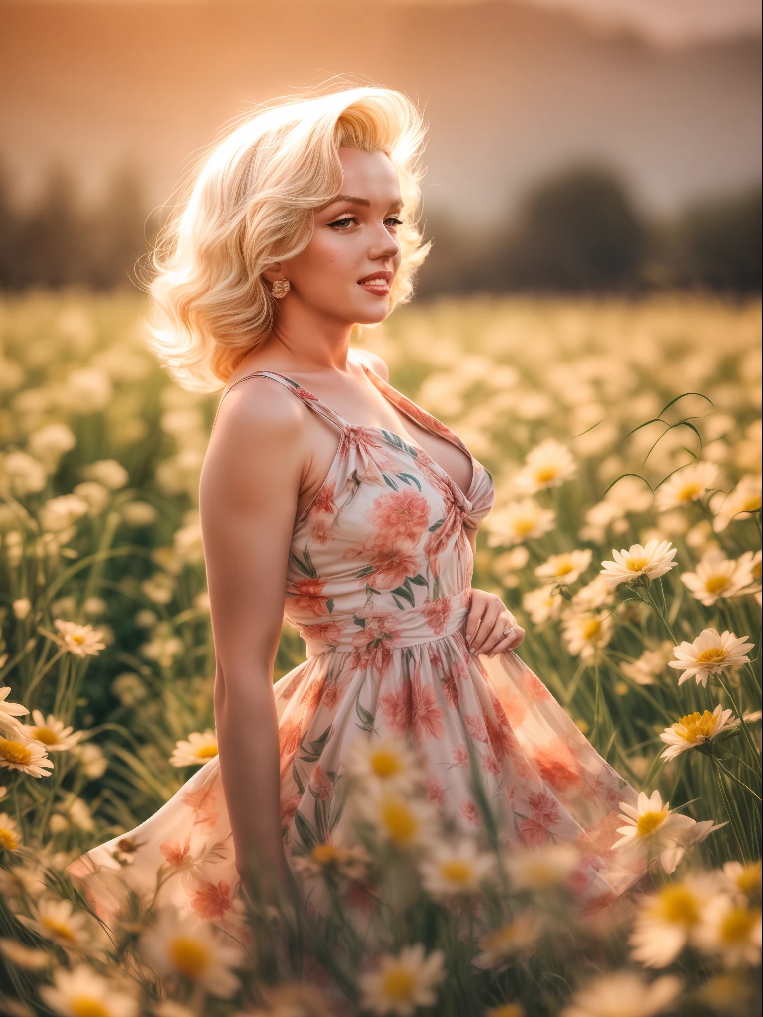(Marilyn Monroe) posing in a flower field in a beautiful flower field wearing a cute flowery sun dress with one of the straps sliding down her shoulder, 85mm 1.4, portrait photography, studio light, studio shoot, soft light, backlit, micro-details, photorealism, photorealistic