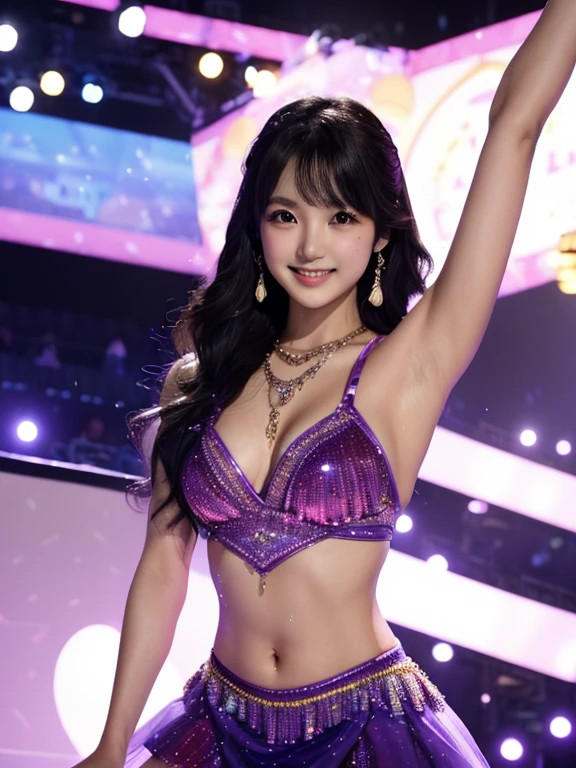 master piece、Ultra high resolution photo quality、cinematic camera work、Video of the entire stage、long shot、modern japanese strip theater、wide stage、wide seat、Mayu Minami、big droopy eyes、thick eyebrows、flushed cheeks、familiarity、very beautiful Japanese female dancer、athlete、very sexy、Very long and beautiful strong arms and legs and beautiful abs、Fair skin、Her fine skin is very beautiful、Sweat、beautiful bright smile、healthy、kind、Noble、refinement、kind、mild、raise one leg、active pose、yoga、gorgeous beautiful dress、Beautiful stage costumes、Dramatic and gorgeous beautiful lighting、Spotlight、Laser beam、smoke effect、clear acoustics、round table stage、body chain、