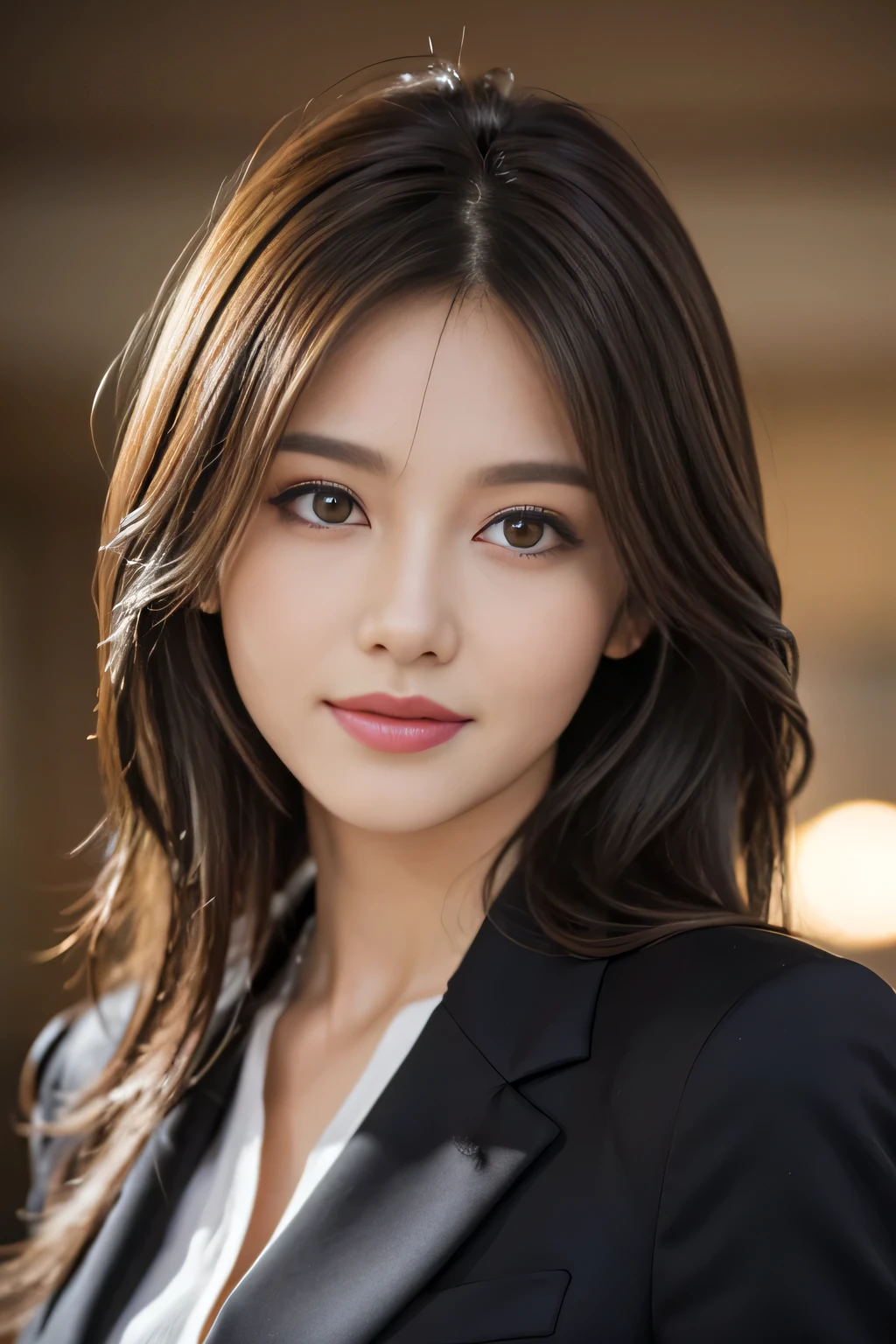 table top, highest quality, realistic, Super detailed, finely, High resolution, 8k wallpaper, 1 beautiful woman,, light brown messy hair, wearing a business suit, sharp focus, perfect dynamic composition, beautiful and detailed eyes, thin hair, Detailed realistic skin texture, smile, close-up portrait, model body shape