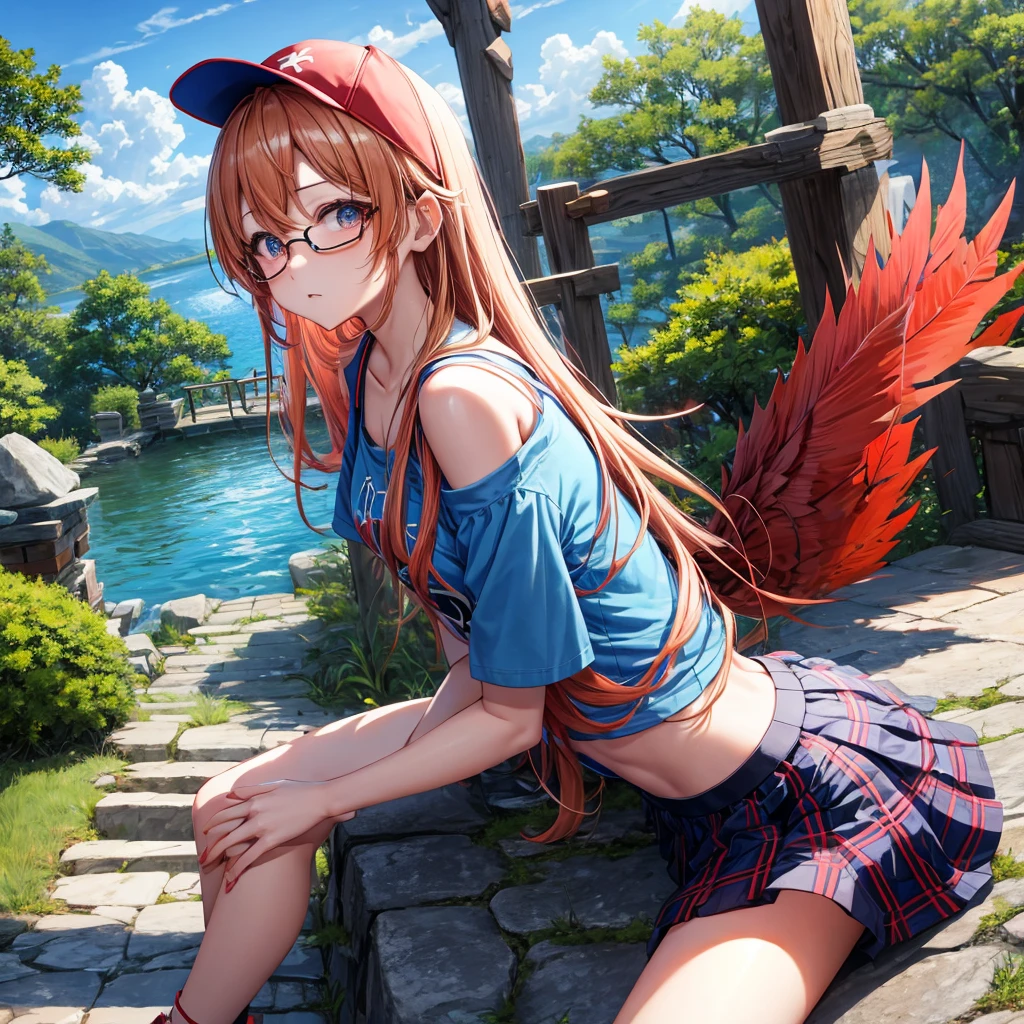 Red-blonde、blue hair、blue eyeraid、one good looking girl、solo、anime、Plaid miniskirt、black t-shirt、camisole、forest、sitting、Wearing a plaid baseball cap、Tilting your face、Doing the ribbon、sunset sky、stone bridge、stone stairs、petal、A small bird flying、big tree、tunnel、Bang、stretching one's back、Fallen leaveixing glasses、Overlooking view