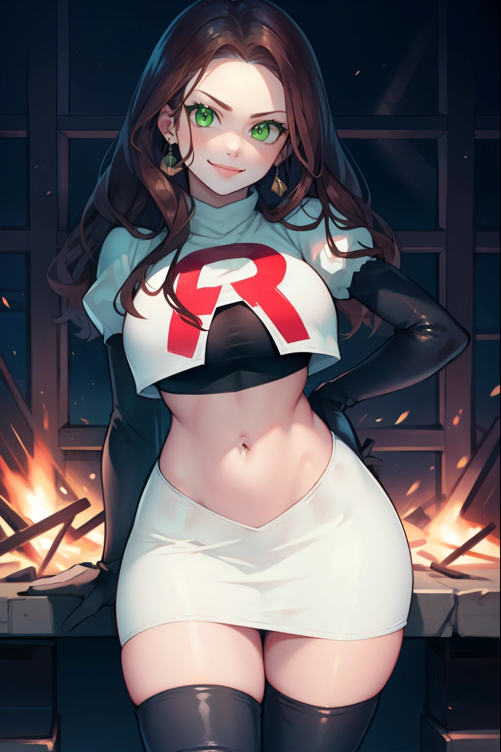 Dorothea, green eyes, glossy lips ,Team Rocket,Team Rocket uniform, red letter R, white skirt,white crop top,black thigh high boots, black elbow gloves , looking at the viewer, evil smile, fold your arms