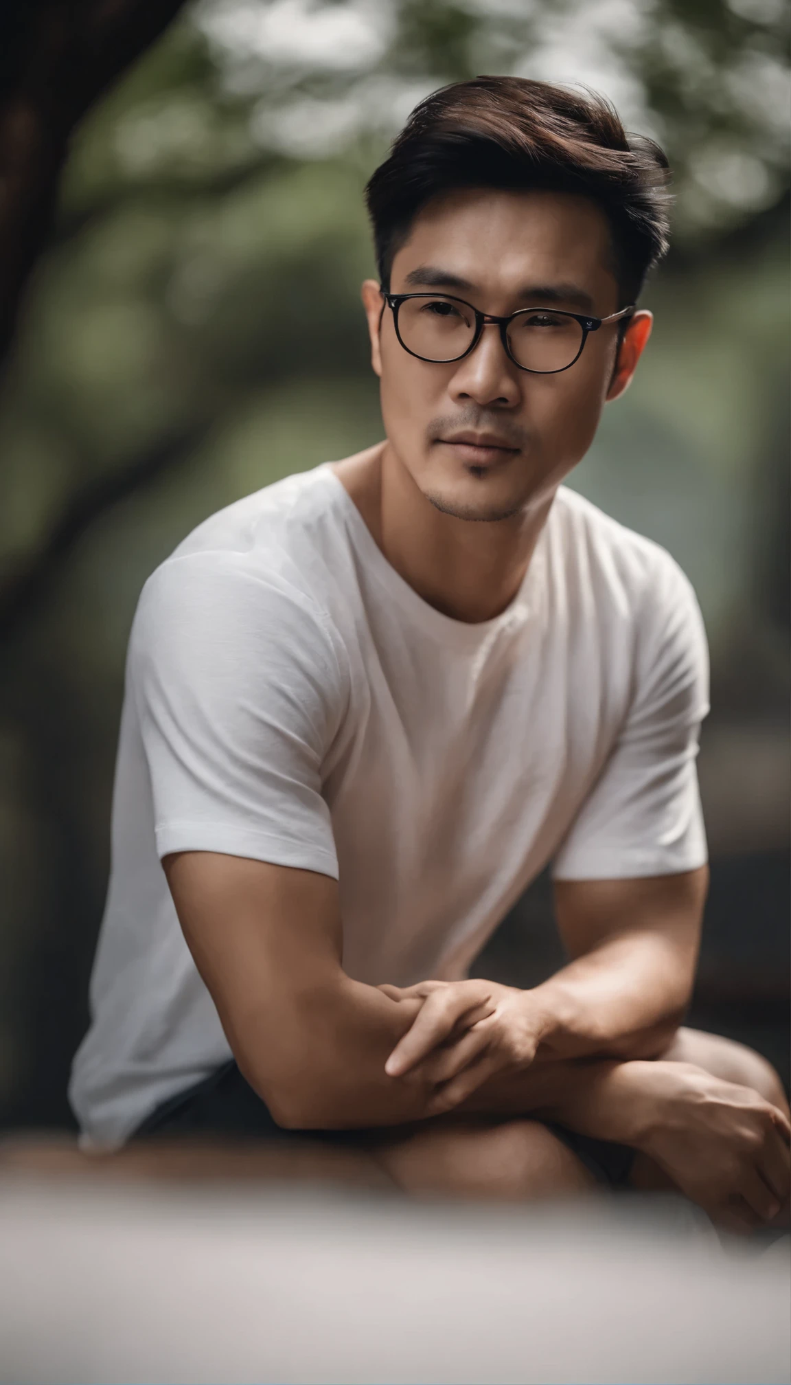 Portrait of an Asian man wearing eyeglasses with white cotton t shirt