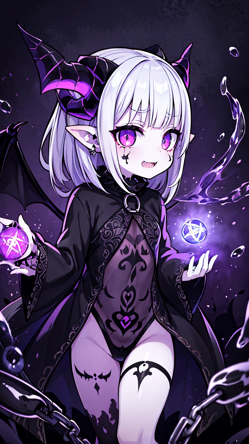 ((((Black ink Demon girl 1:1)))), Masterpiece, Best Quality, High Quality, (Dark shapeless creature with dark purple glow and purple eyes and surrounded by darkness:1.2), (front profile), (Darkness:1.2), Abstraction, Deep Sea, Depth of field, Very detailed, Complex, High detail,(Masterpiece:1.2, Best Quality), (Best Lighting, Very Delicate and Beautiful), (Best Lighting, Very Delicate and Beautiful), (Beautiful Detailed Face), (Detailed Eyes and Detailed Face:1.2), Dark Fantasy, (Young Girl, Little Beast, 1girl, Solo, Crazy Smile, Pale Skin,19 Piercings, ((demonic tattoos all over body, Demonic tattoos all over legs, eyes leaking black ink, Black ink/goo everywhere, leaking black ink, demon of goo/ink)) gray hair, glowing purple eyes, Vampire), (Chains in the background, Black Magic Circle), (Demon from Black Magic Circle) Black Magic Thunder, pointy_ears, Fangs, Demon Wings, Demon Horns, Black ink on Face, Black ink Rain, Black ink Mist, (Depth of Field), High Contrast, (Splash of Black ink:1.4), Nightgown, Scream, Sacrifice, (((Facing Forward, Looking at viewer, facing viewer, ))),