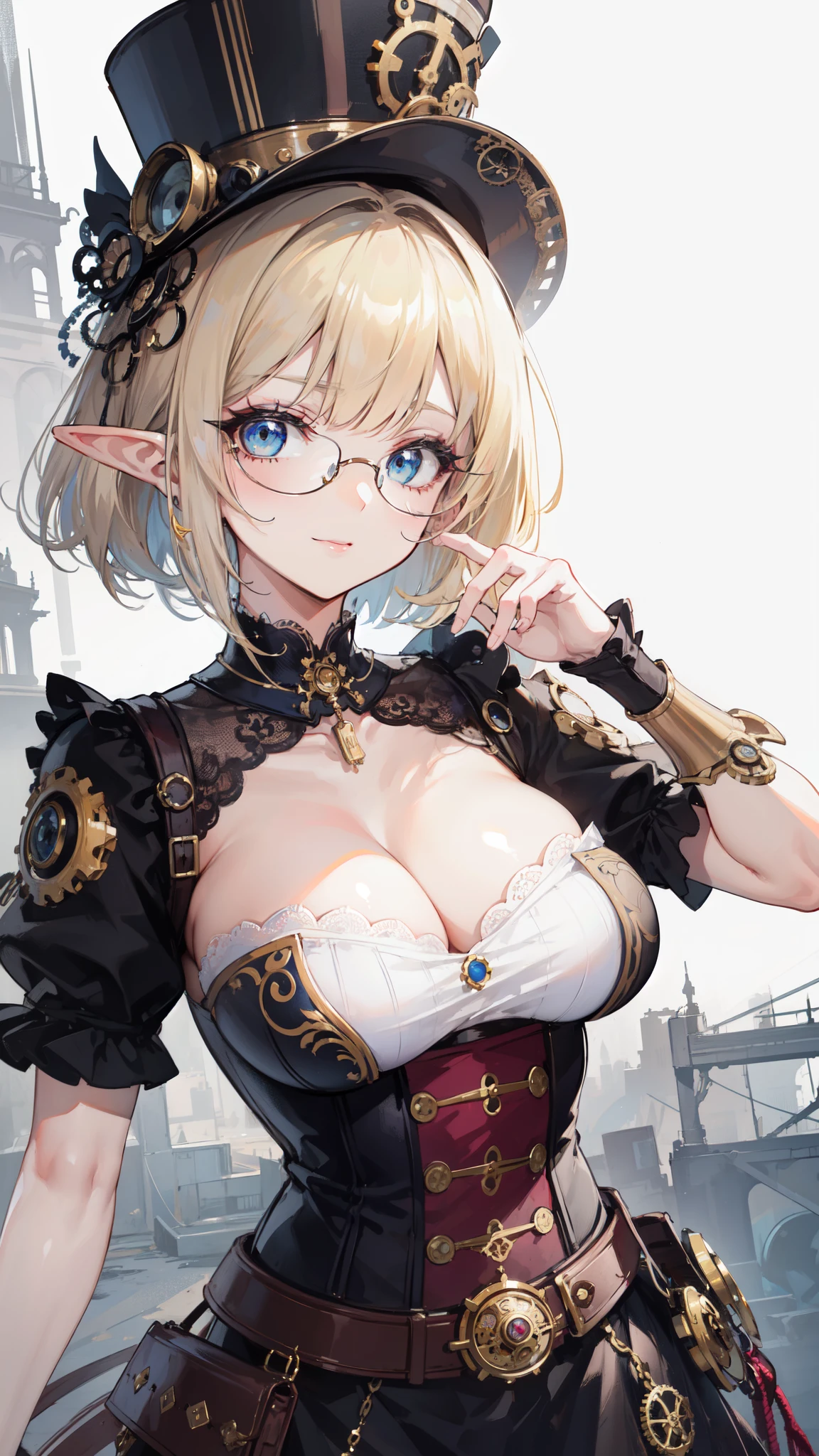 ((masterpiece )), (top quality), (best quality), ((ultra-detailed, 8k quality)), Aesthetics, Cinematic lighting, (detailed line art), Beautiful digital artwork, Exquisite digital illustration, absurdres, 
BREAK,
beauty of elf girl, lady in the hat and round steel gear, sunglasses, victorian clothes, deep_cleavage, shiny skin,(steampunk_costume), corset, Hat, ((steampunk)), cinematography, crafted, elegant, Hippie Glasses Retro Round Metal, walking, Dynamic angle,
BREAK,
highly detailed of (elf), (1girl), perfect face, details eye, Bob cut hair, Blunt bangs, (hair between eye), blonde white hair, blue eyes, eyelashes, eyeshadow, pink eyeshadow,  smile, design art by Artgerm, by Kawacy, By Yoshitaka Amano,
BREAK, 
((perfect anatomy)), nice body, medium breast, extremely detailed finger, best hands, perfect face, beautiful face, beautiful eyes, perfect eyes, perfect fingers, correct anatomy, 