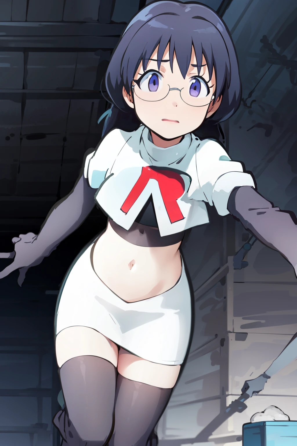 masterpiece, best quality, ultra high res, 1girl,ManamiOkudaR4,black hair, purple eyeackground,glasses, team rocket,team rocket uniform, red letter R, white skirt,white crop top,black thigh-highs,black elbow gloves