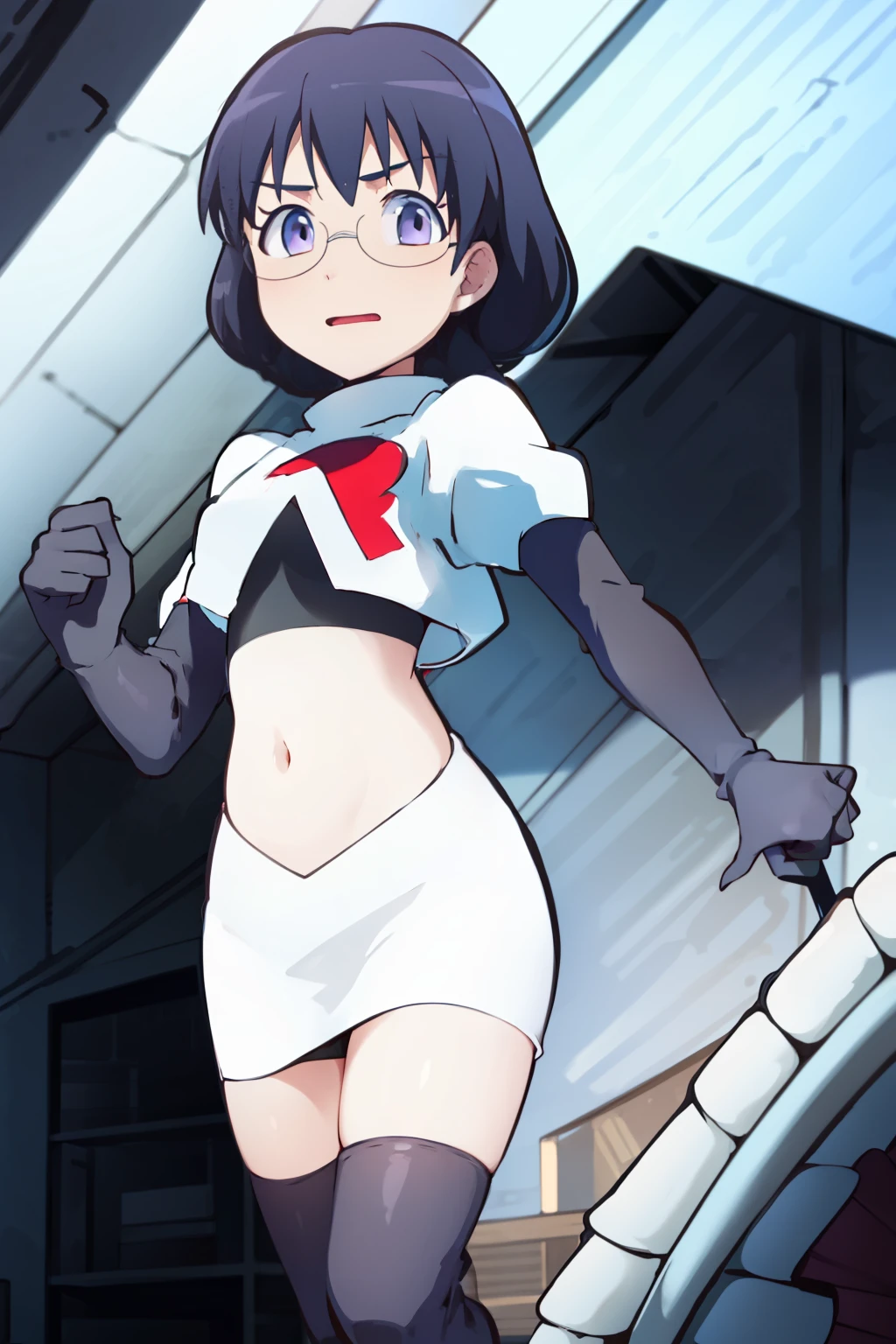 masterpiece, best quality, ultra high res, 1girl,ManamiOkudaR4,black hair, purple eyeackground,glasses, team rocket,team rocket uniform, red letter R, white skirt,white crop top,black thigh-highs,black elbow gloves