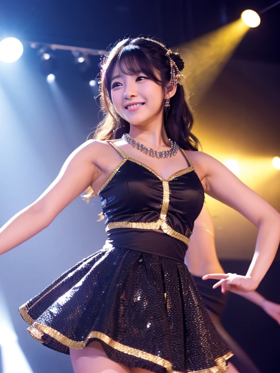 master piece、Ultra high resolution photo quality、cinematic camera work、Video of the entire stage、long shot、modern japanese strip theater、wide stage、wide seat、Mayu Minami、flushed cheeks、familiarity、very beautiful Japanese female dancer、athlete、very sexy、Very long and beautiful strong arms and legs and beautiful abs、Fair skin、Her fine skin is very beautiful、Sweat、beautiful bright smile、healthy、kind、Noble、refinement、kind、mild、raise one leg、active pose、yoga、gorgeous beautiful dress、Beautiful stage costumes、Dramatic and gorgeous beautiful lighting、Spotlight、Laser beam、smoke effect、clear acoustics、round table stage、body chain、