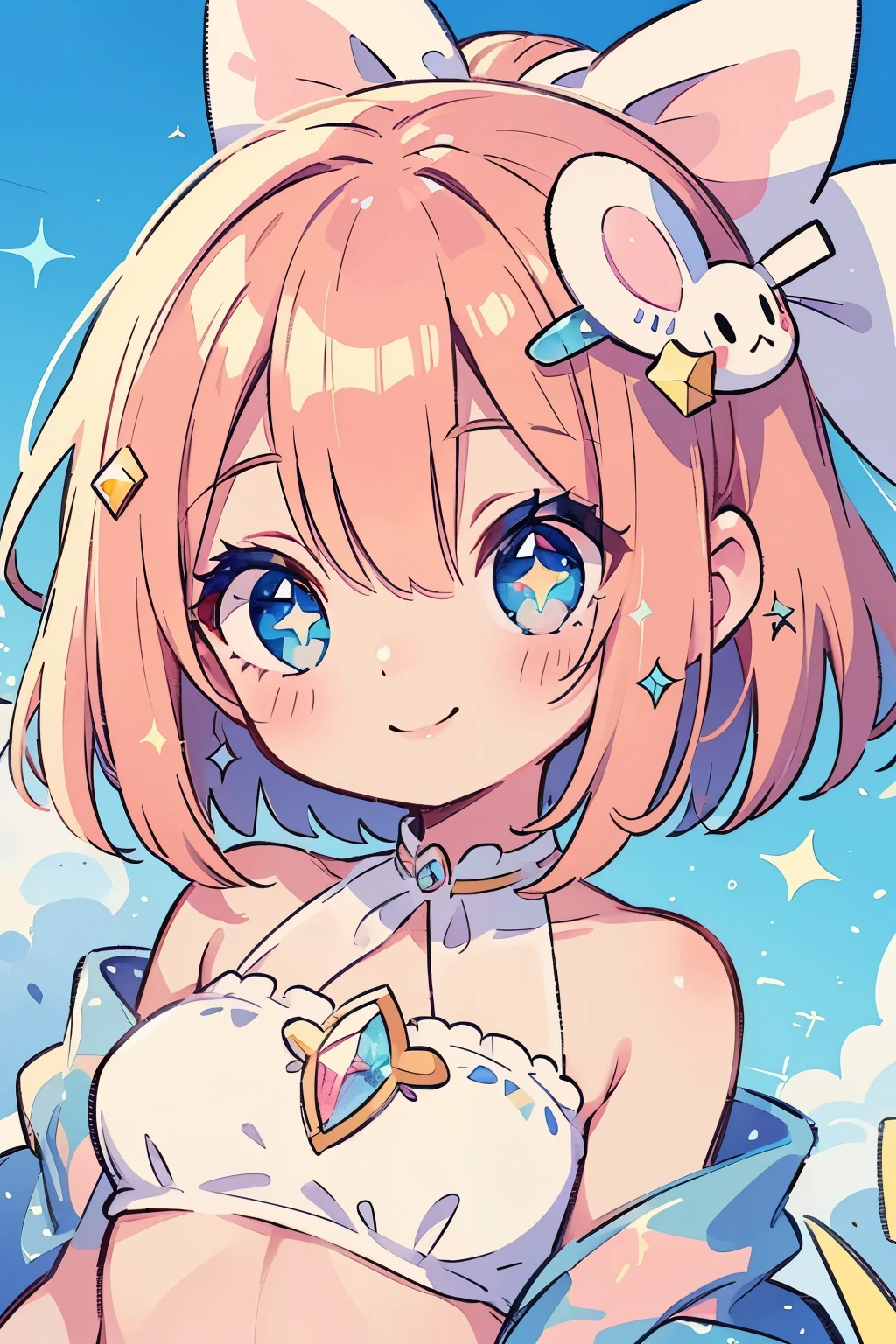 girl with、Clean hair ornament, Cute surreal bodies bien、(Detailed eyes, Eyes Like Gems, Sparkling eyes:1.3) , a smile, Blue sky