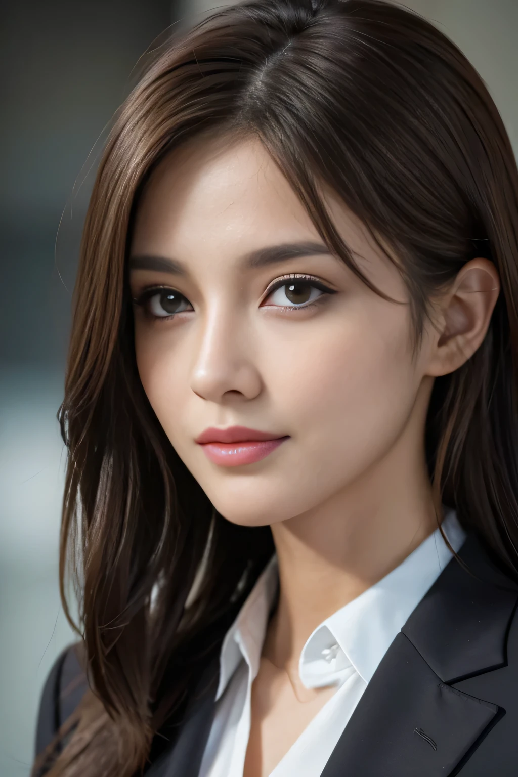 table top, highest quality, realistic, Super detailed, finely, High resolution, 8k wallpaper, 1 beautiful woman,, light brown messy hair, wearing a business suit, sharp focus, perfect dynamic composition, beautiful and detailed eyes, thin hair, Detailed realistic skin texture, smile, close-up portrait, model body shape