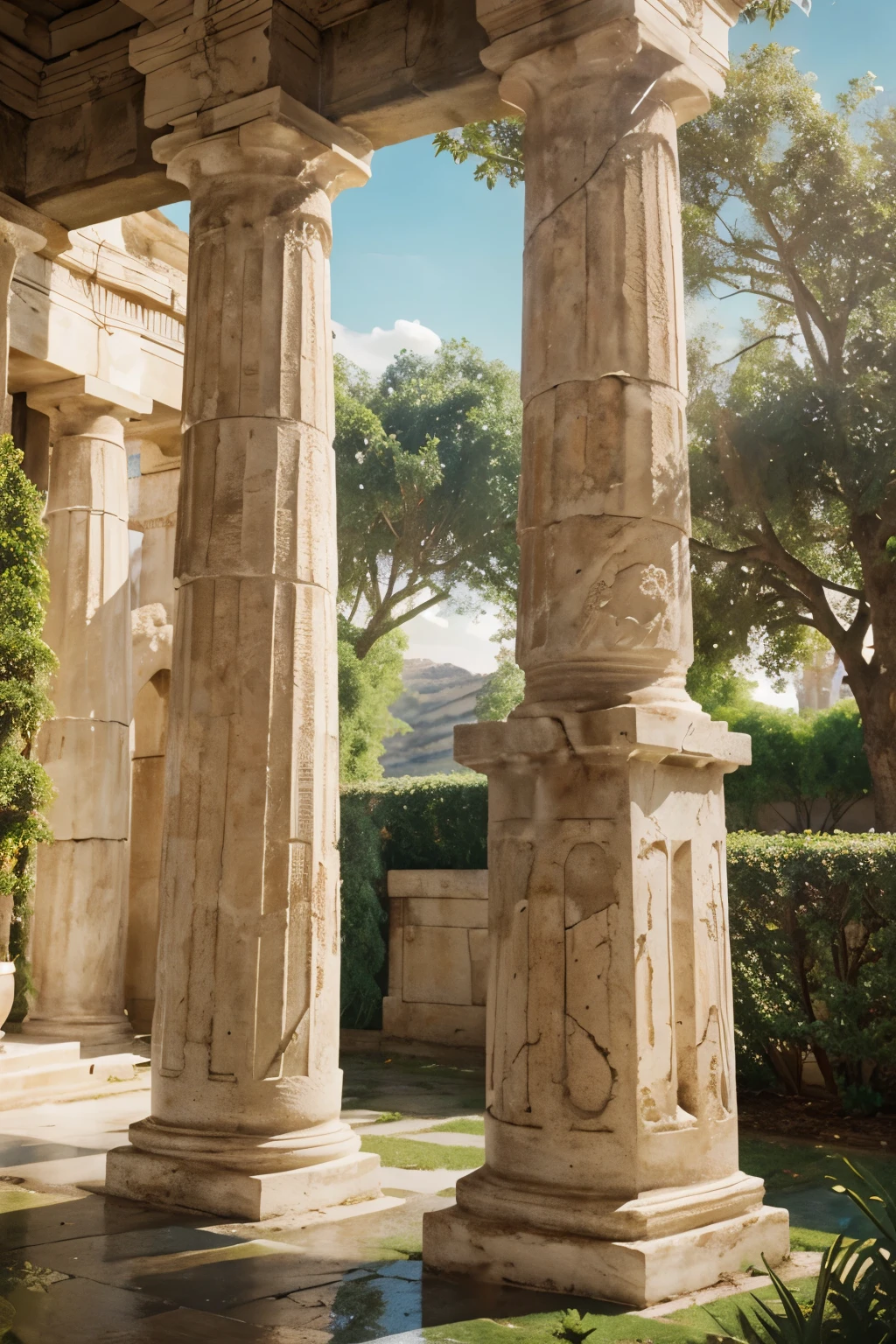 Place the statue in an environment reminiscent of Ancient Greece, featuring authentic elements such as classical architecture, columns, and characteristic landscapes. Highlight the beautiful details of the sculpture and the nuances of the ancient Greek setting, providing an impressive and realistic representation.