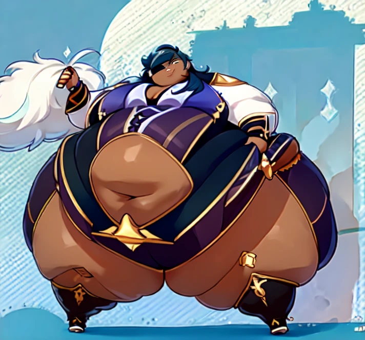 An anime illustration of a Fat Kaeya from Genshin impact , Full body, Solo ,((high quality face and Eyes)), ((1boy)), Kaeya, smug grin, Eyepatch,Old German Cityscape, Multicolored Hair, Long Blue Hair, Ponytail ,((Dark Skin)), ((Anatomically accurate)) ,((hyper_hips;1.5)), Thick thighs;1.4,((gigantic belly;1.4)),ussbbw!! , ((fat ass:1.3)),burp,(bottom heavy body),((high_aesthetic)), (Highest quality:1.5), Masterpiece!!, ((Small Chest)),((WeightImmobile))