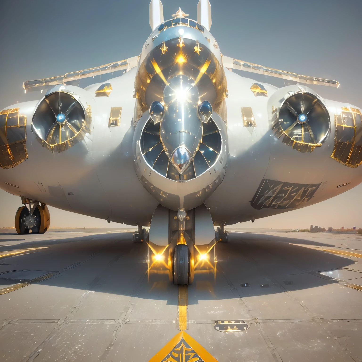 best quality, 32k, RAW photo, incredibly absurdres, extremely detailed, (airplane an-225:1.5) made of ((material, iridescent, (shiny chrome plated, shiny gold plated, shiny silver plated:1.4), ruby, pink sapphire, blue topaz, emerald, amethyst, diamond, crystal, rainbow moonstone, white opal))