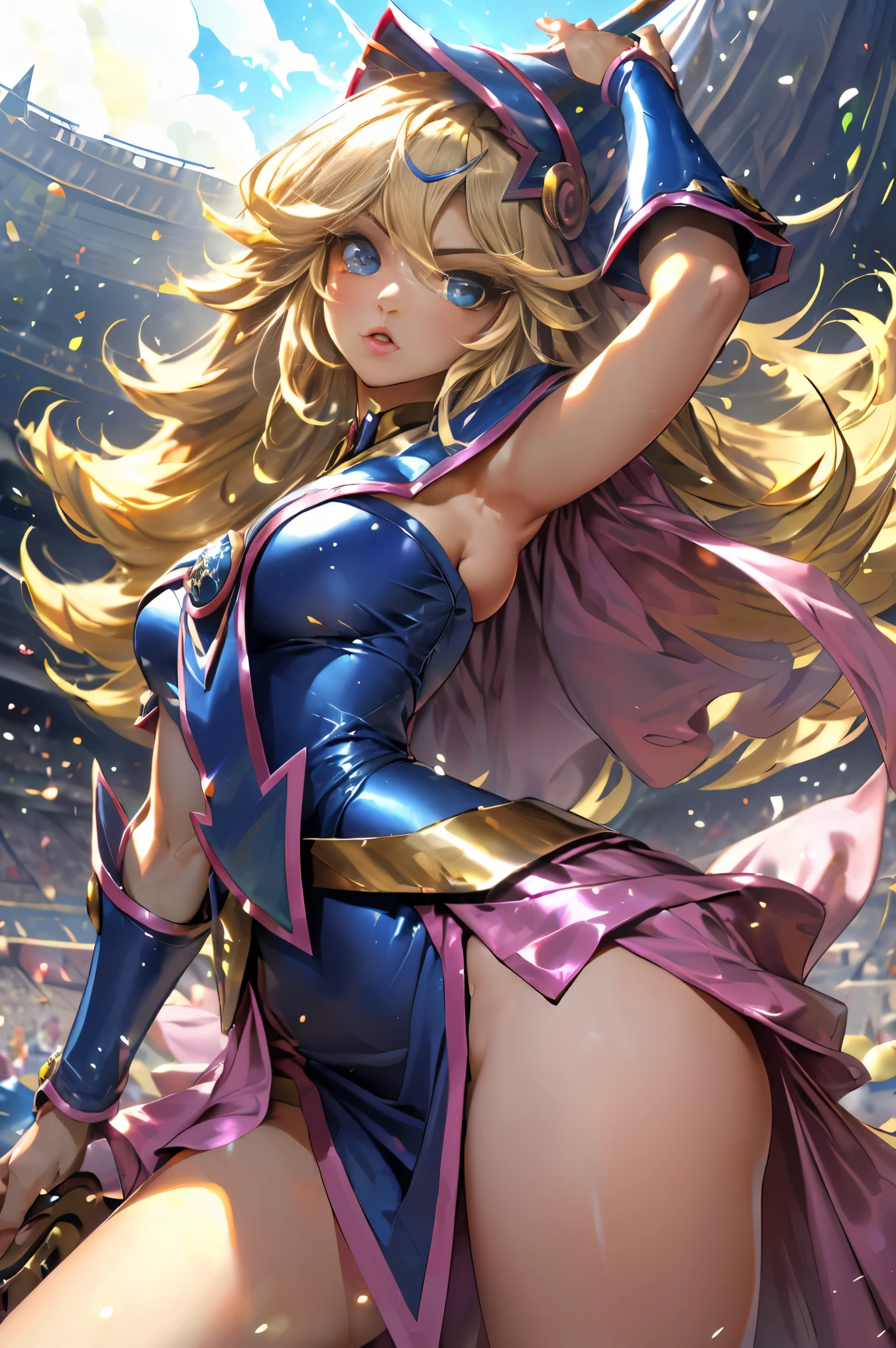 Dark magician gils vestida como la diosa arena de Saint Seiya. Vestido blanco, ajustado, blanco. Cabello rubio. Ojos azules. Labios rojos. Cuerpo completo. Fondo de Athena. Pose sensual y inocente.