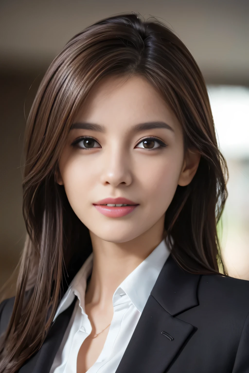 table top, highest quality, realistic, Super detailed, finely, High resolution, 8k wallpaper, 1 beautiful woman,, light brown messy hair, wearing a business suit, sharp focus, perfect dynamic composition, beautiful and detailed eyes, thin hair, Detailed realistic skin texture, smile, close-up portrait, model body shape