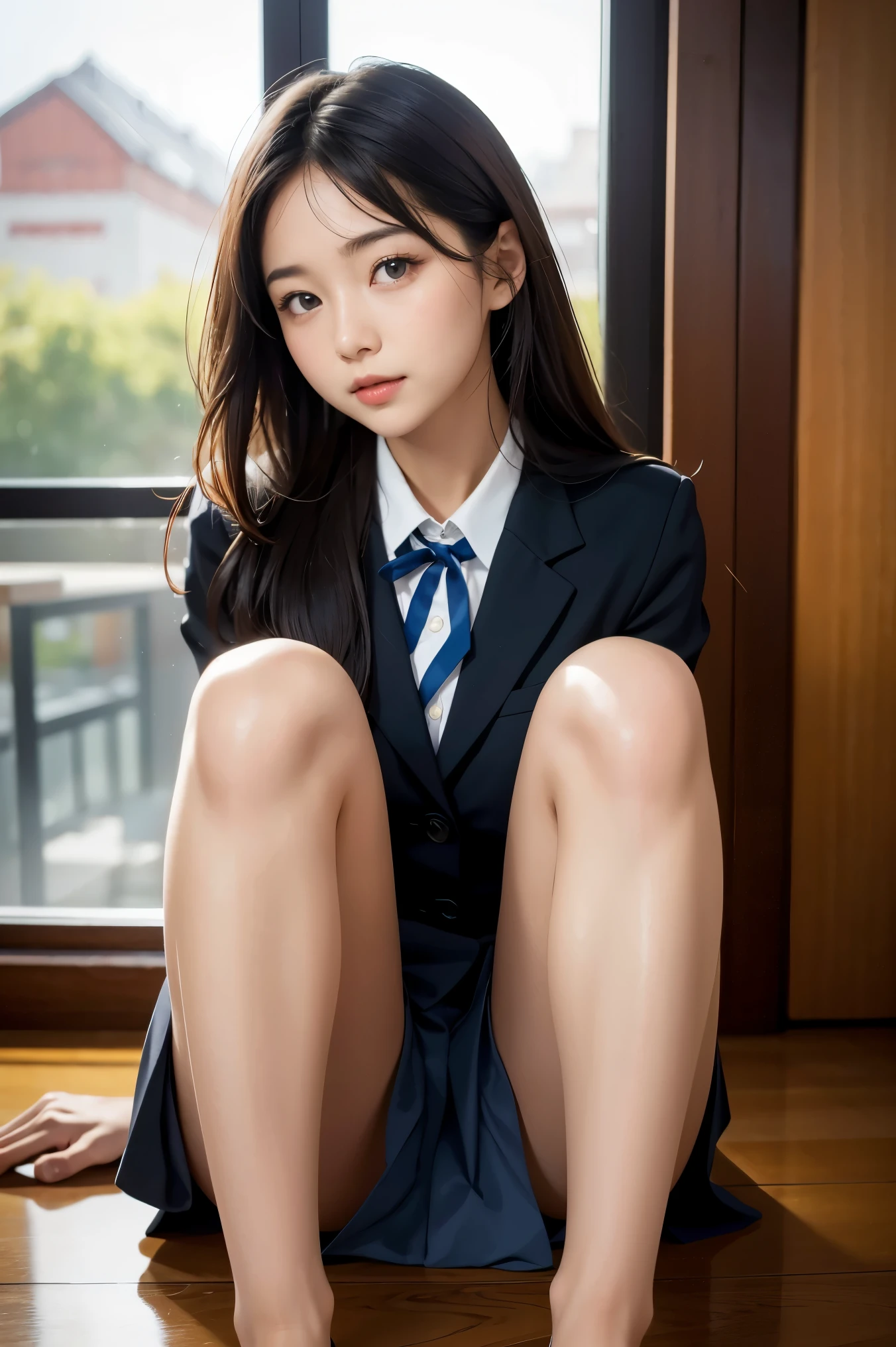 (table top:1.3), (8K, realistic, RAW photo, highest quality: 1.4), Japanese, (1 girl), beautiful face, (realistic face), (black hair), beautiful hairstyle, realistic eyes, beautiful and fine eyes, (realistic skin), beautiful skin, Charm, Super high resolution, surreal, very detailed, golden ratio,school uniform.)、1 girl、cute、laughter、closed mouth、Beautiful details Beautiful nose in every detail、Full body Esbian、wet hair、Colossal Dalsepho、pork meat、school uniform、thighs thighs thighs