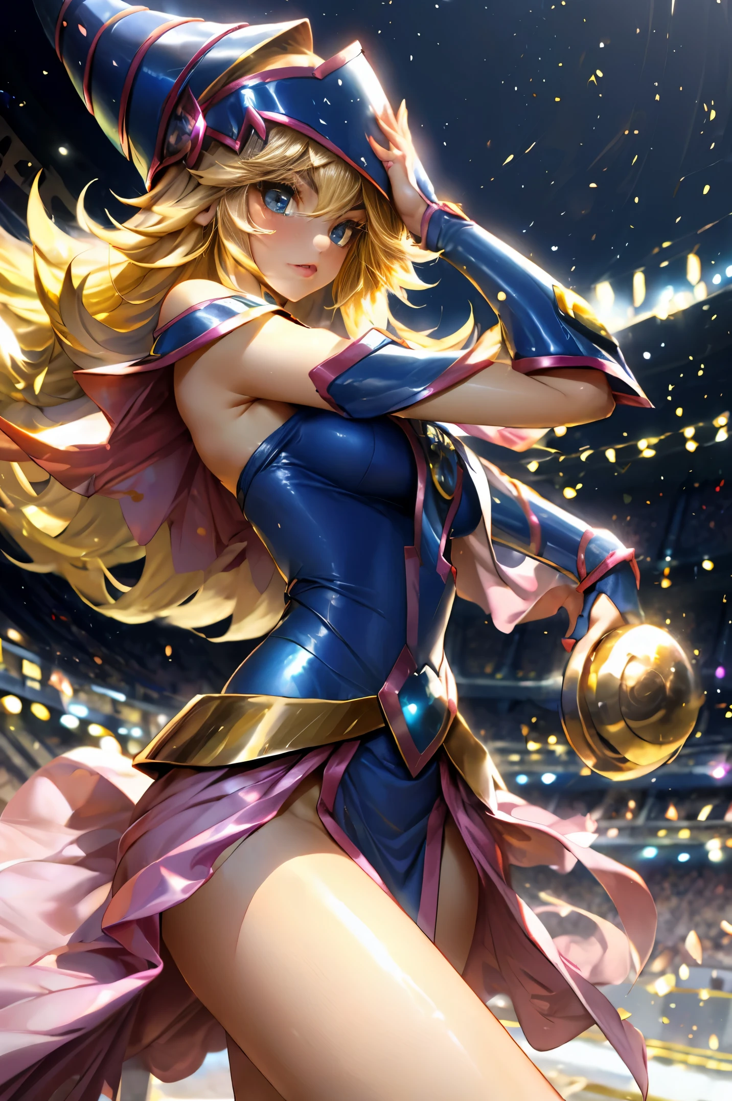 Dark magician gils vestida como la diosa arena de Saint Seiya. Vestido blanco, ajustado, blanco. Cabello rubio. Ojos azules. Labios rojos. Cuerpo completo. Fondo de Athena. Pose sensual y inocente.