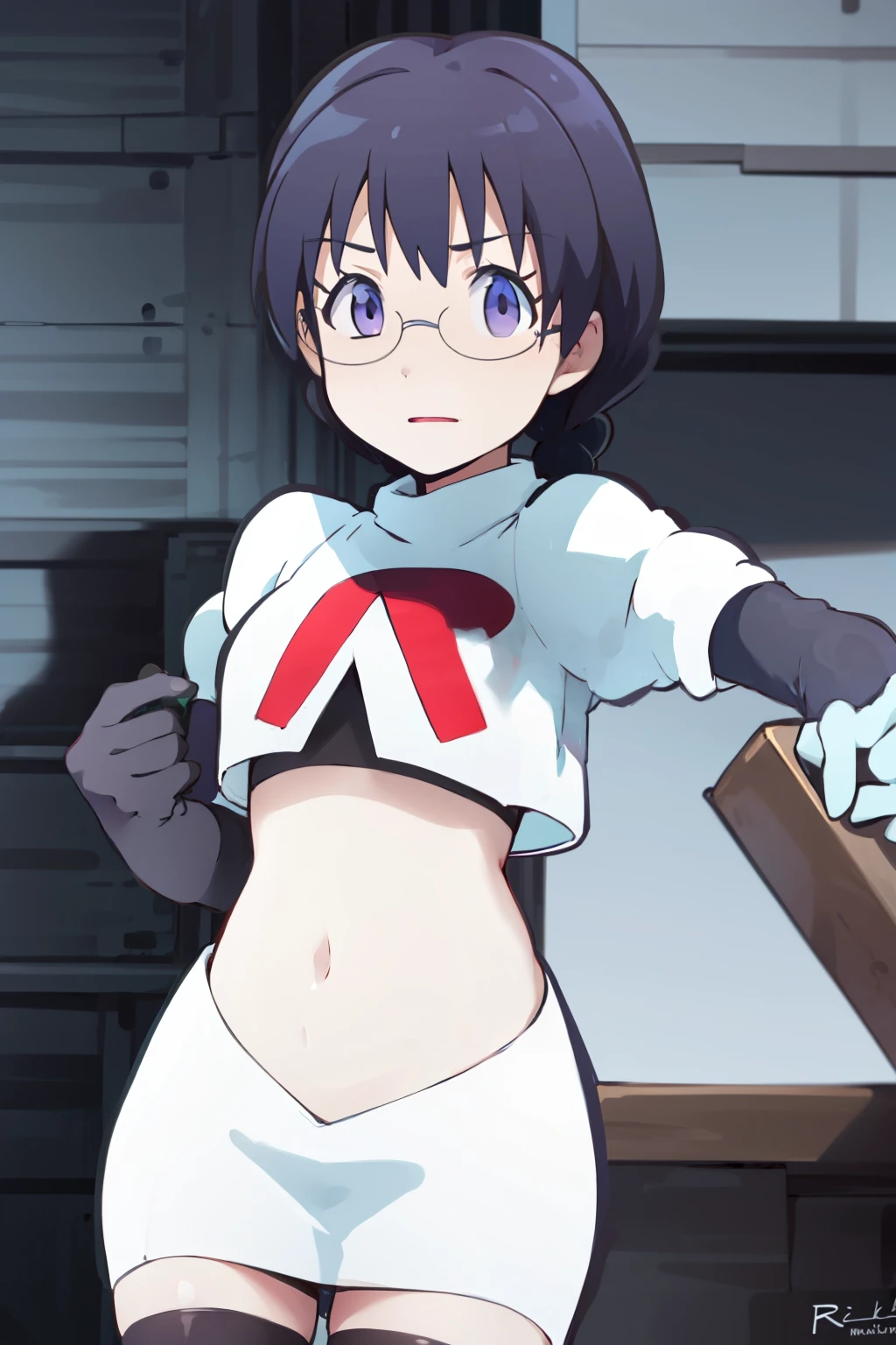 masterpiece, best quality, ultra high res, 1girl,ManamiOkudaR4,black hair, purple eyeackground,glasses, team rocket,team rocket uniform, red letter R, white skirt,white crop top,black thigh-highs,black elbow gloves