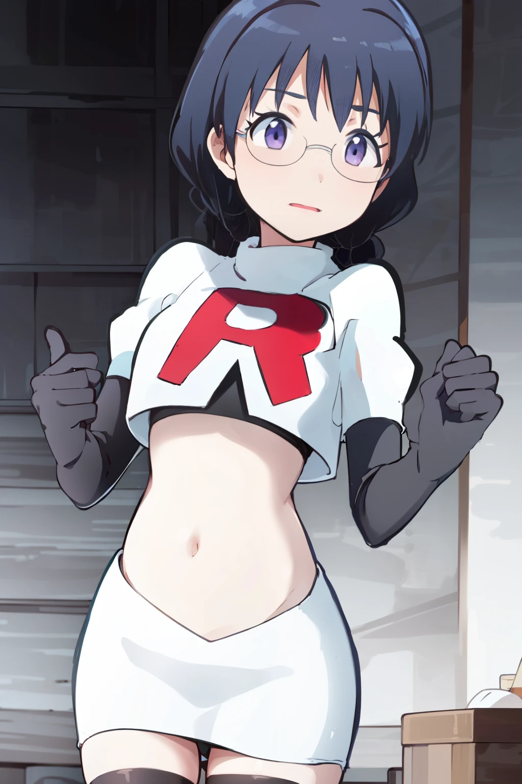 masterpiece, best quality, ultra high res, 1girl,ManamiOkudaR4,black hair, purple eyeackground,glasses, team rocket,team rocket uniform, red letter R, white skirt,white crop top,black thigh-highs,black elbow gloves