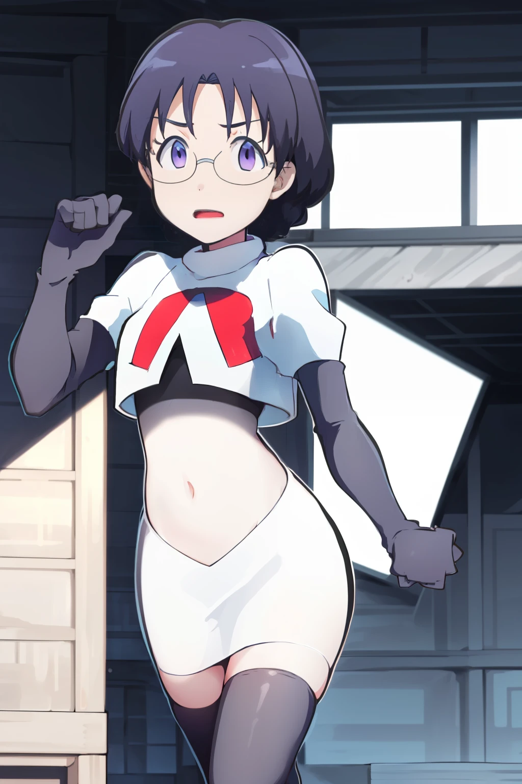 masterpiece, best quality, ultra high res, 1girl,ManamiOkudaR4,black hair, purple eyeackground,glasses, team rocket,team rocket uniform, red letter R, white skirt,white crop top,black thigh-highs,black elbow gloves