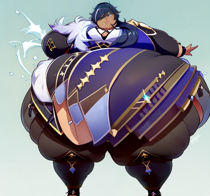 An anime illustration of a Fat Kaeya from Genshin impact , Full body, Solo ,((1boy)), Kaeya, smug grin, Eyepatch,Old German Cityscape, Multicolored Hair, Long Blue Hair, Ponytail ,((Dark Skin)), ((Anatomically accurate)) ,((hyper_hips;1.5)), Thick thighs;1.4,((gigantic belly;1.4)),ussbbw!! , ((fat :1.3)),burp,(bottom heavy body),((high_aesthetic)), (Highest quality:1.5), Masterpiece!!, ((Small Chest)),((WeightImmobile))