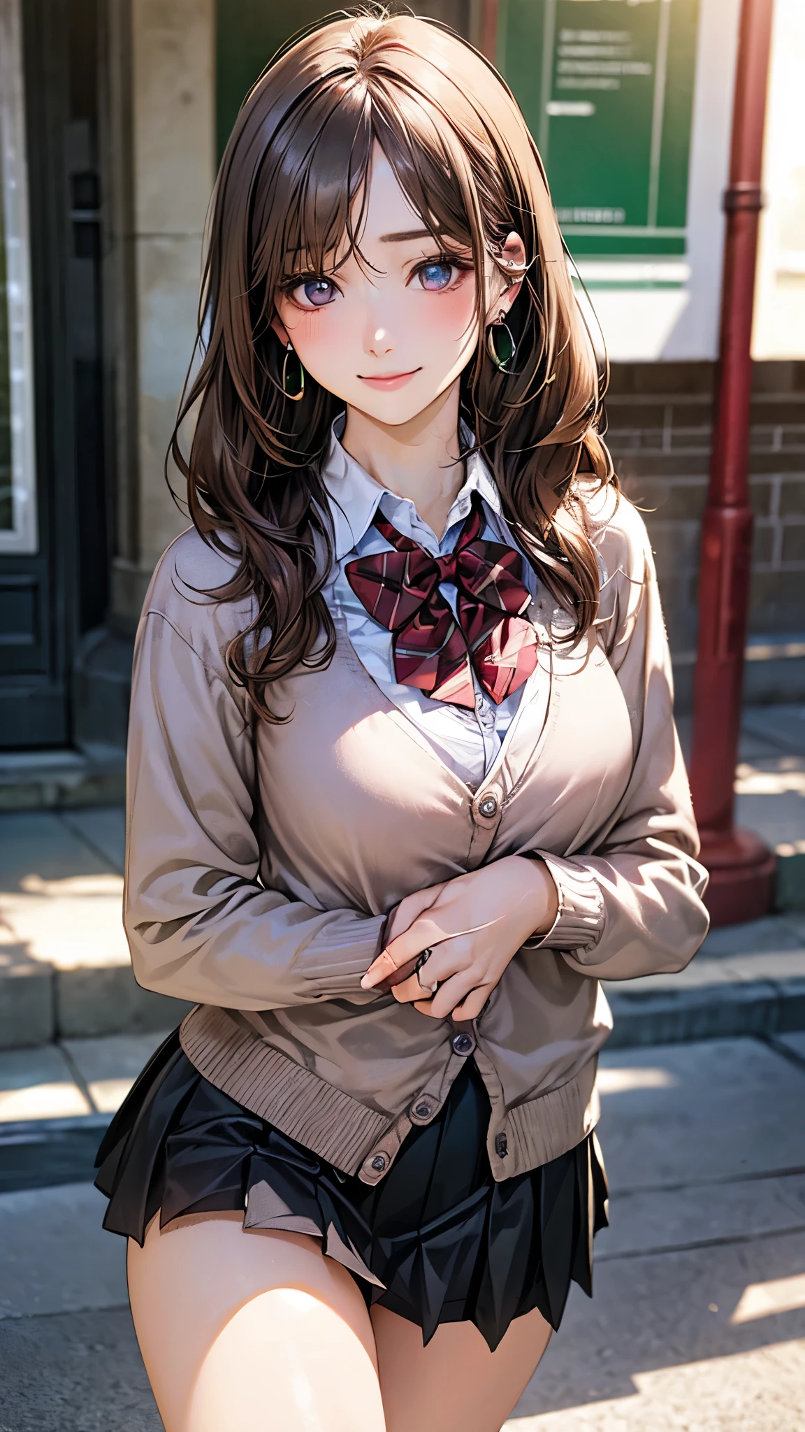 (masterpiece:1.2, top-quality), (realistic, photorealistic:1.4), beautiful illustration, (natural side lighting, movie lighting),
looking at viewer, cowboy shot, front view:0.6, 1 girl, japanese, high school girl, perfect face, cute and symmetrical face, shiny skin,
(long hair:1.8, straight hair:1.7, light brown hair), parted bangs, emerald green eyes, long eye lasher, (large breasts:0.9, thick thighs),
beautiful hair, beautiful face, beautiful detailed eyes, beautiful clavicle, beautiful body, beautiful chest, beautiful thigh, beautiful legs, beautiful fingers,
((violet cardigan, white collared shirts, black pleated mini skirt, black socks, brown loafers, red bow tie)), hoop ring earrings, pink panties,
(beautiful scenery), evening, riverside, walking, hands on chest, (lovely smile, upper eyes),