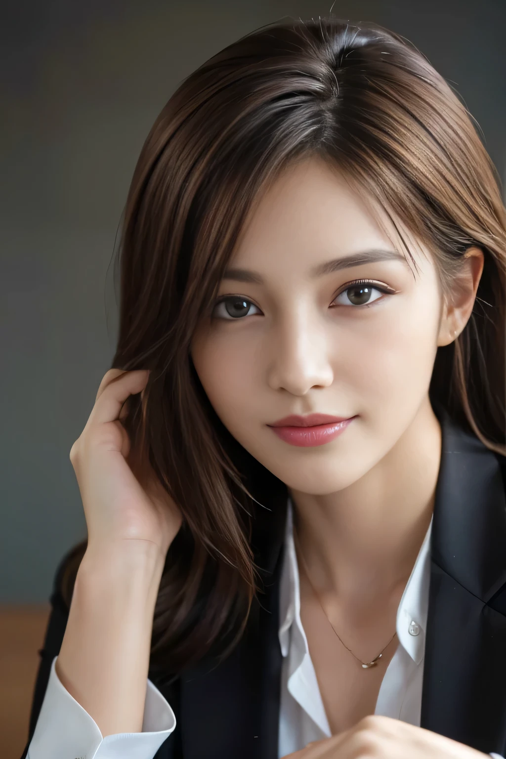 table top, highest quality, realistic, Super detailed, finely, High resolution, 8k wallpaper, 1 beautiful woman,, light brown messy hair, wearing a business suit, sharp focus, perfect dynamic composition, beautiful and detailed eyes, thin hair, Detailed realistic skin texture, smile, close-up portrait, model body shape